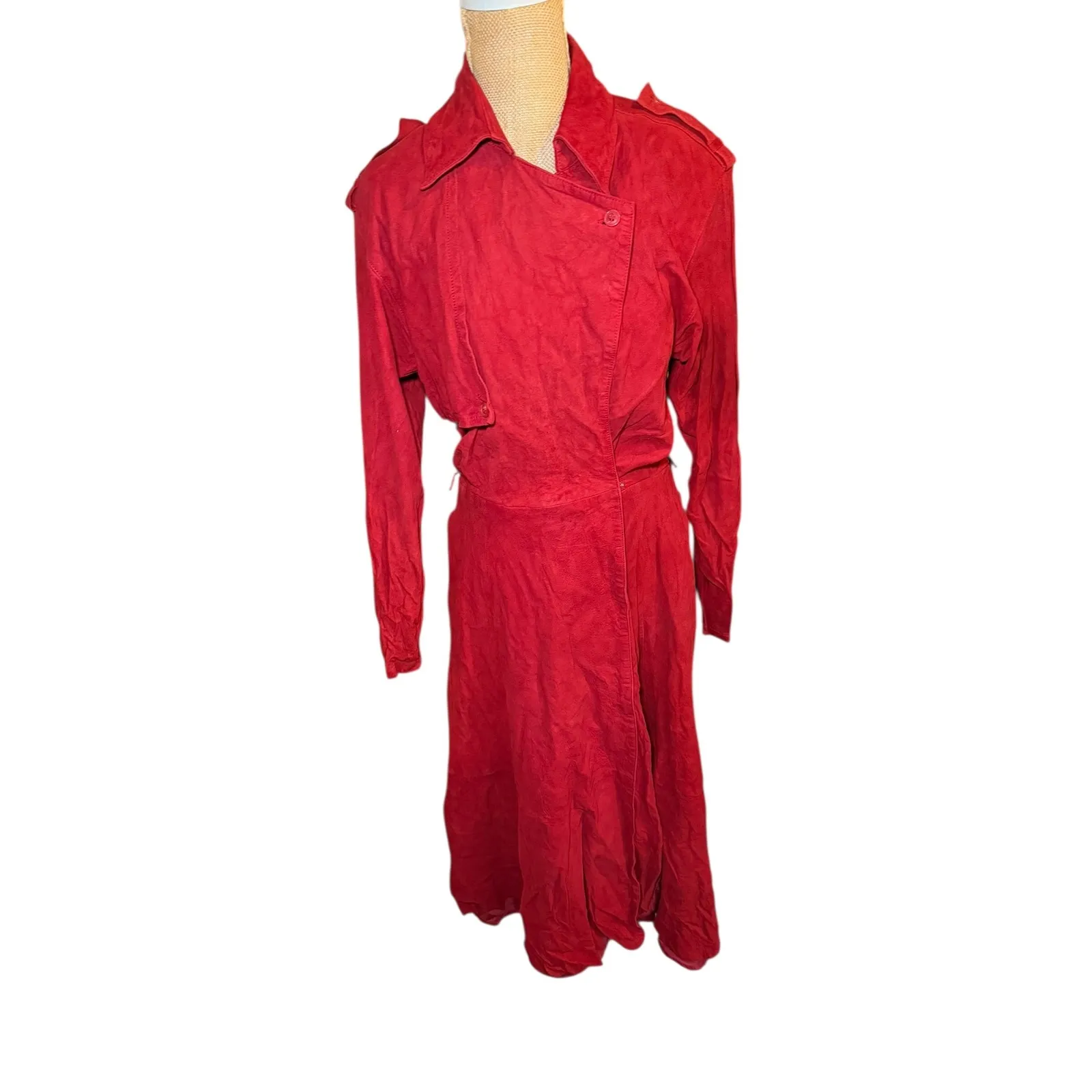 Vintage Wine Red 100% Leather Trench Coat Dress Women's Well Loved Unique Size 8 - Image 15