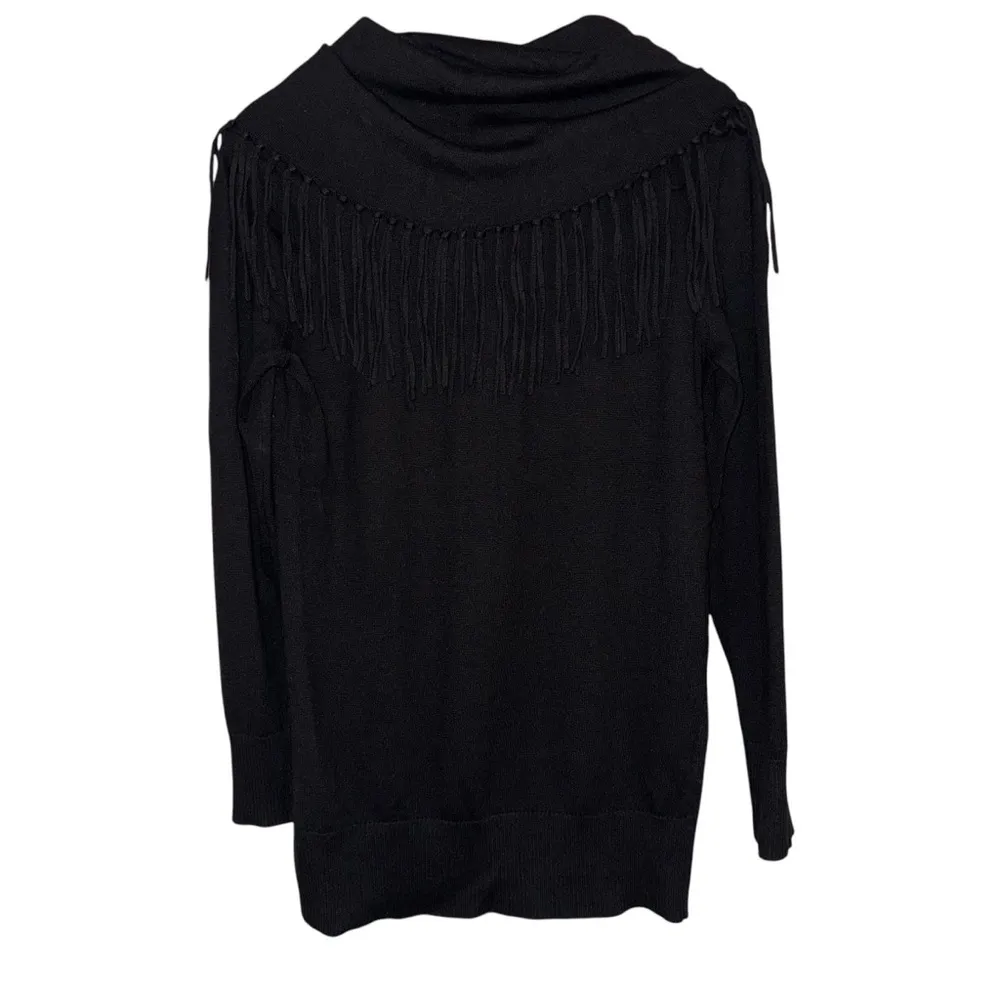 Michael Kors pullover top cowl neck with fringe‎ tassels size S Black - Image 3