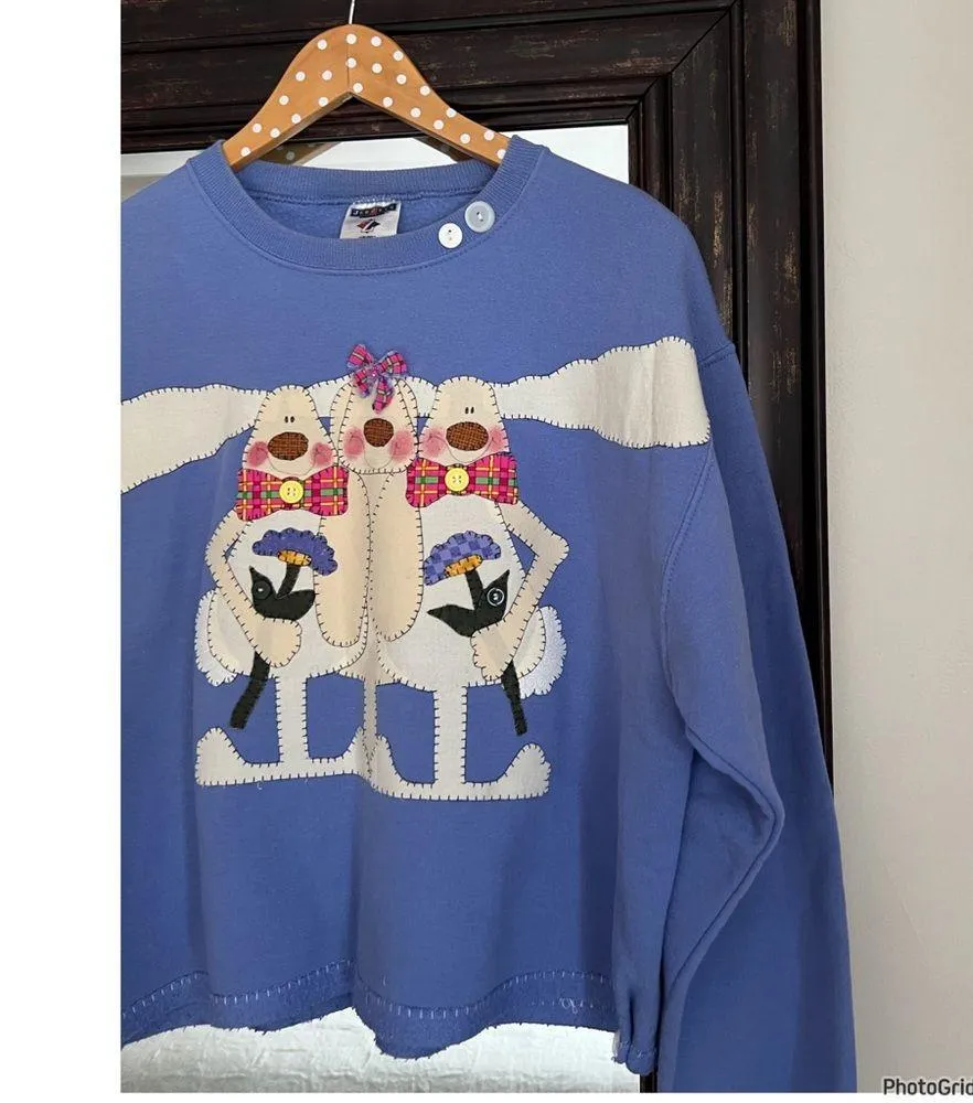 Jerzees Vintage 90s/ 2000s ? Bunny Button Bow Stitched Sweater Easter Handmade - Image 2