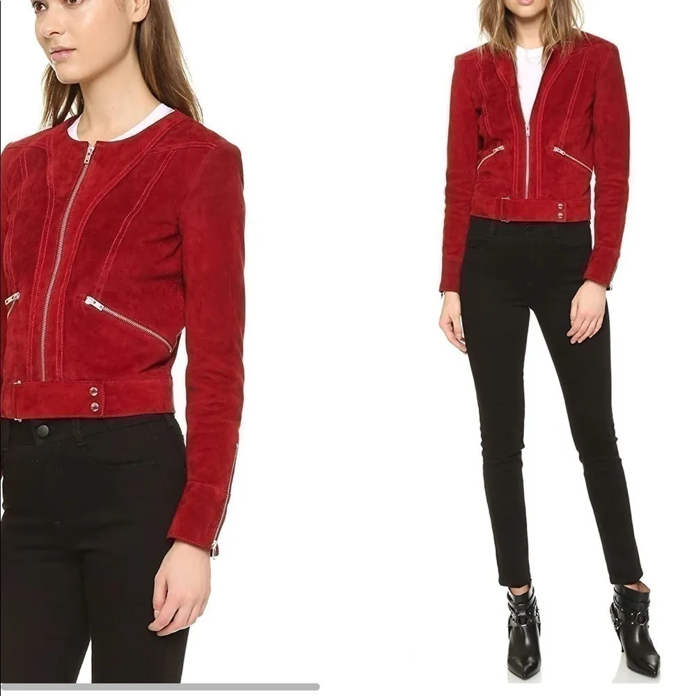 IRO Tatiana Red Suede Leather Jacket Silver Zippers Buckle Belt Fall Size 8 (40) - Image 4