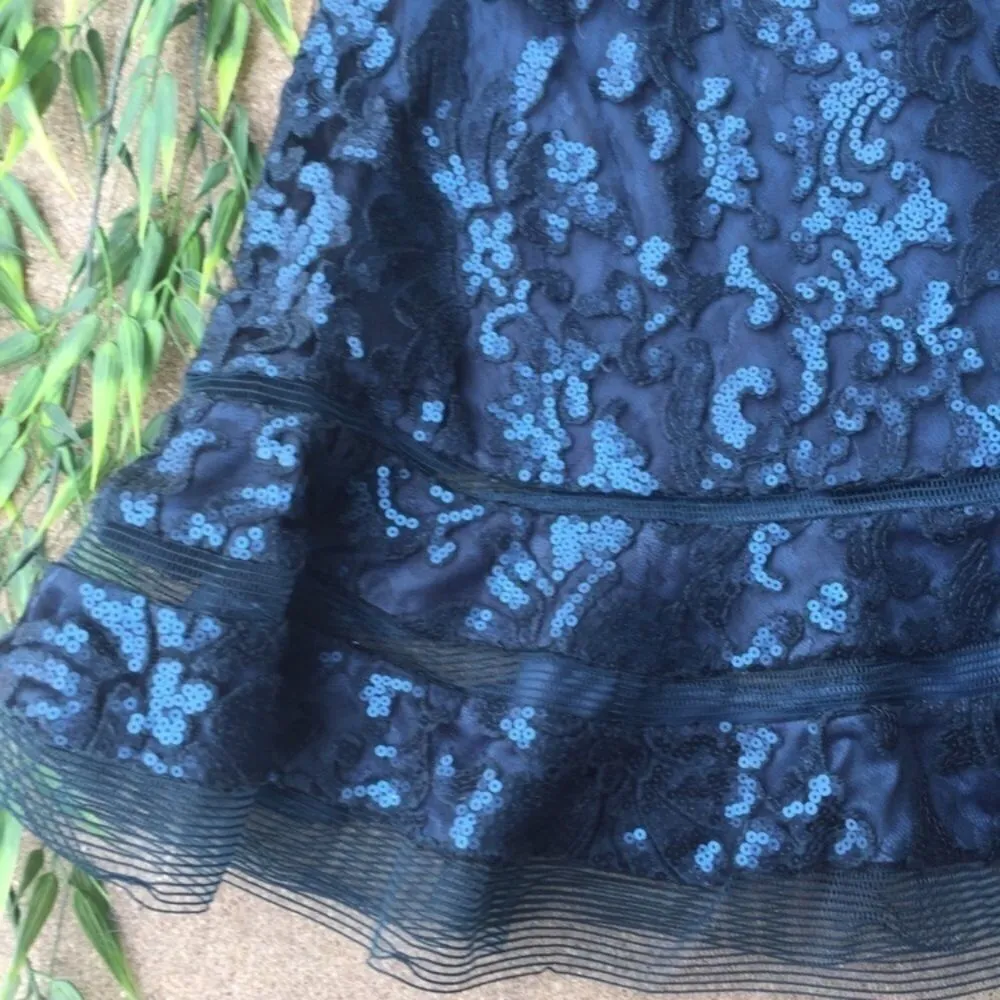 Tadashi Shoji Sequin Floral Brocade Cocktail Dress Womens 4 Navy - Image 4