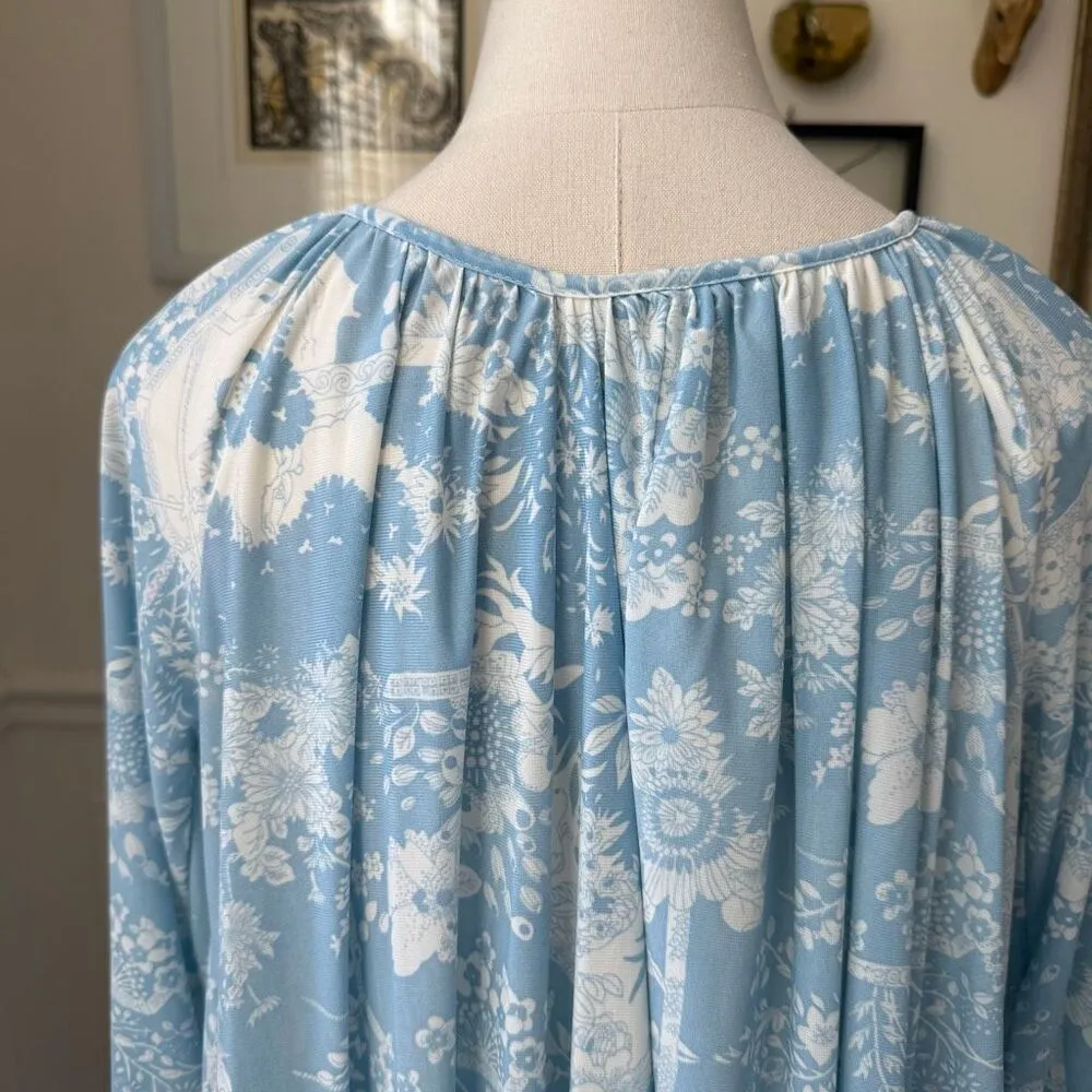 Vintage 70s Mistee Blue White Print Nylon Nightgown Maxi Dress USA M Size M - Image 10