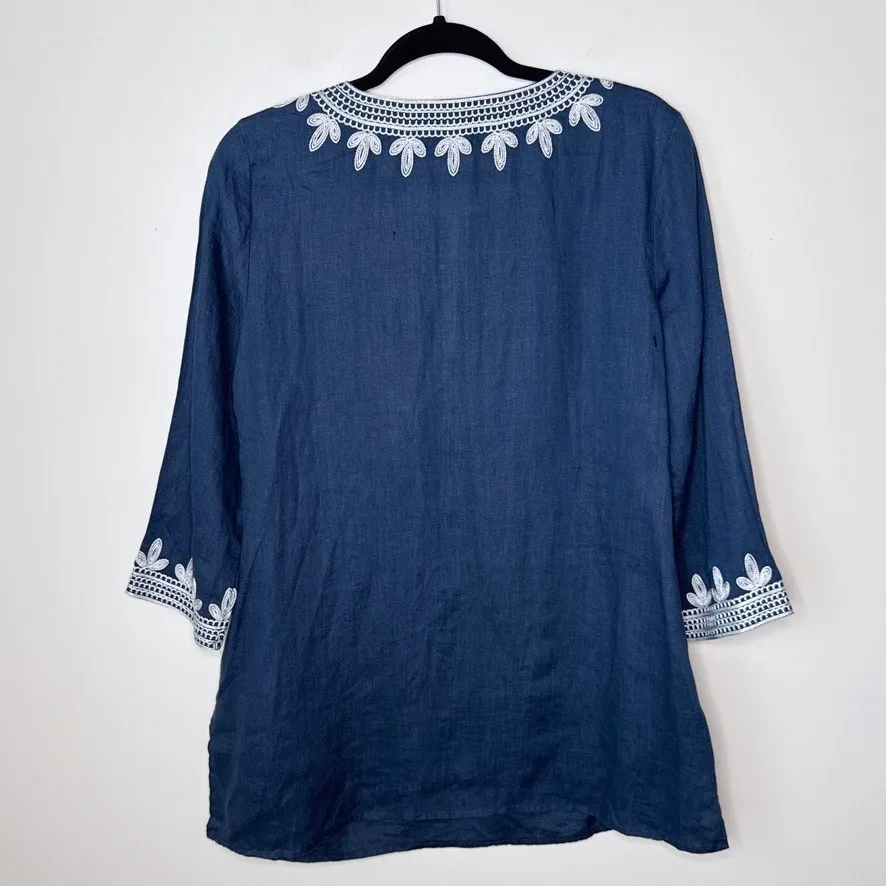 NEW Saks Fifth Avenue‎ Small 100% Linen Split Neck Embroidered Tunic Top Resort - Image 9