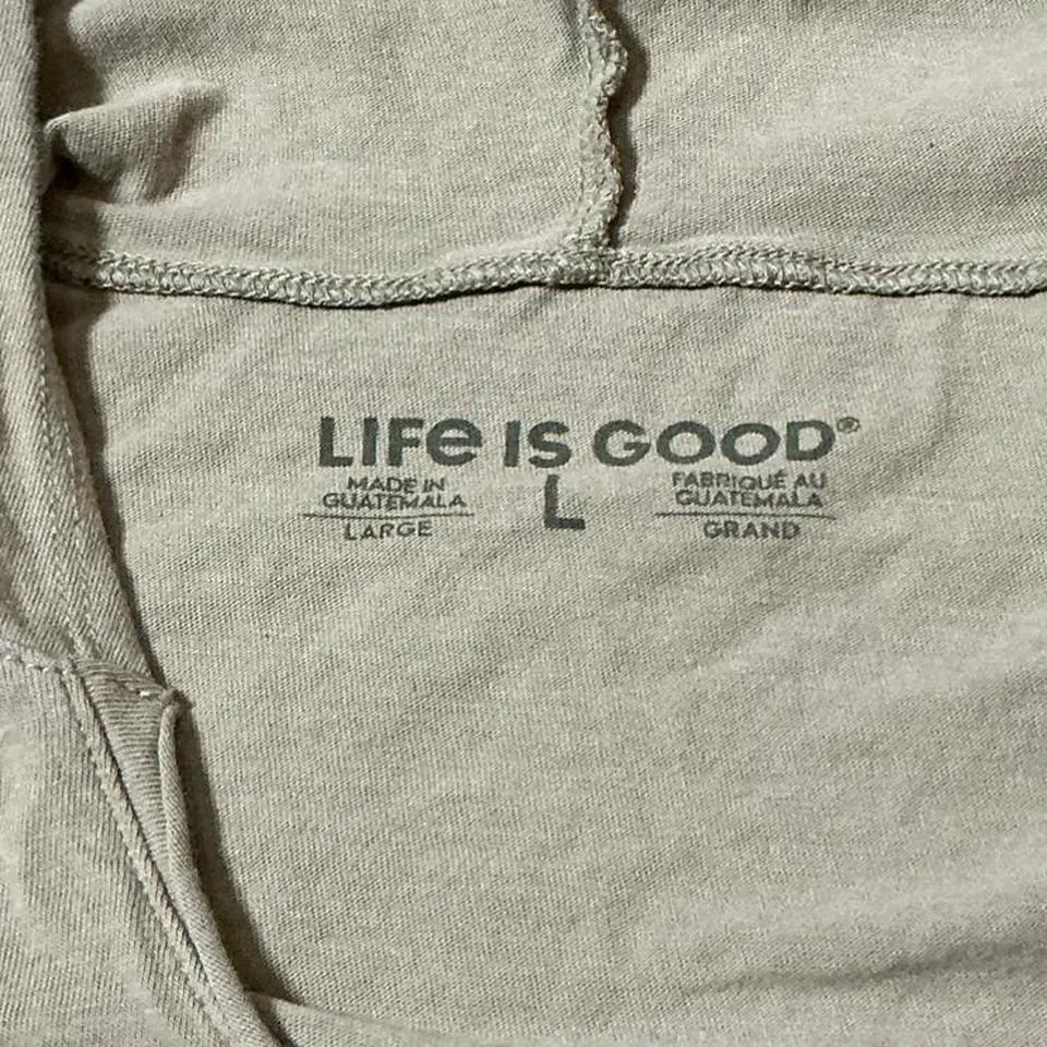 Life Is Good Camp More Stress Less Hoodie T Shirt Size Large Khaki V Neck - Image 3