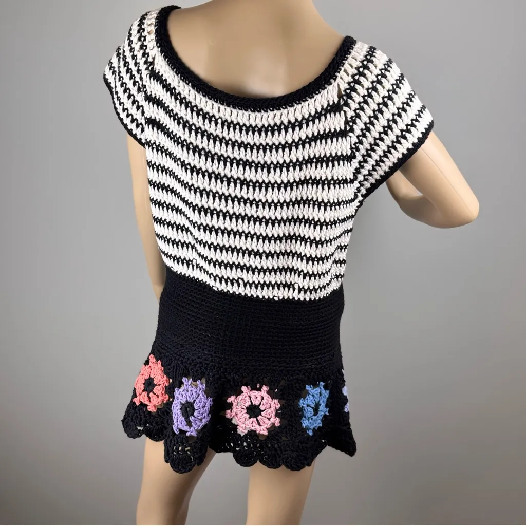 hand made blouse crochet For Women's‎ Size M/L Short Sleeve Colorful Boho Fairy Black Size M - Image 6