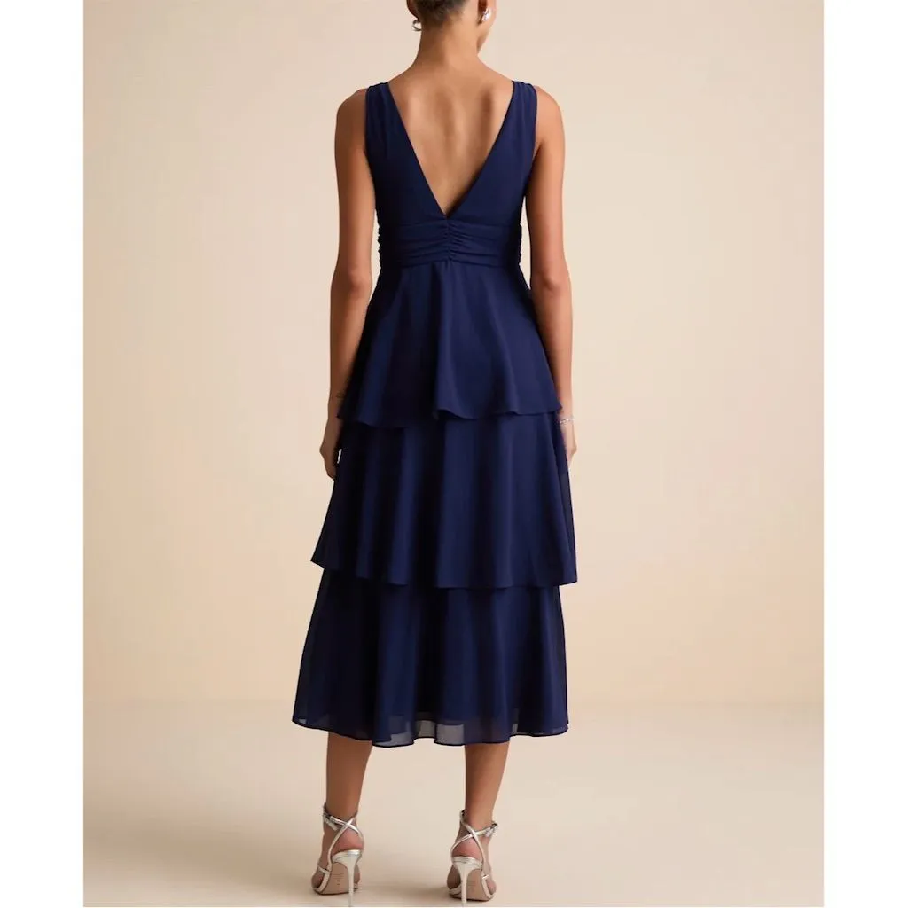 NWT Lulus Women's Celebration Time Navy Blue Sleeveless Tiered Midi Dress Size L - Image 3