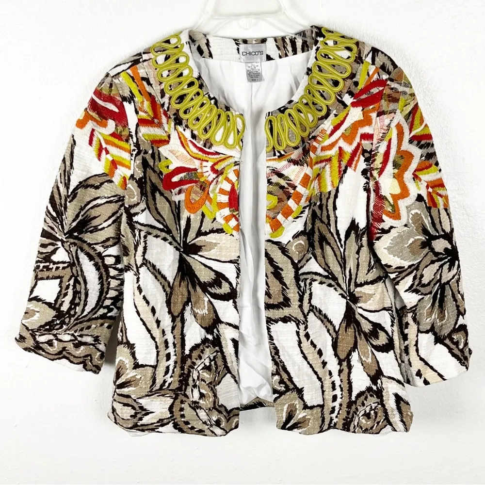 CHICO’S Multicolored Textured Printed Embroidered Neckline Lined Blazer Medium - Image 7