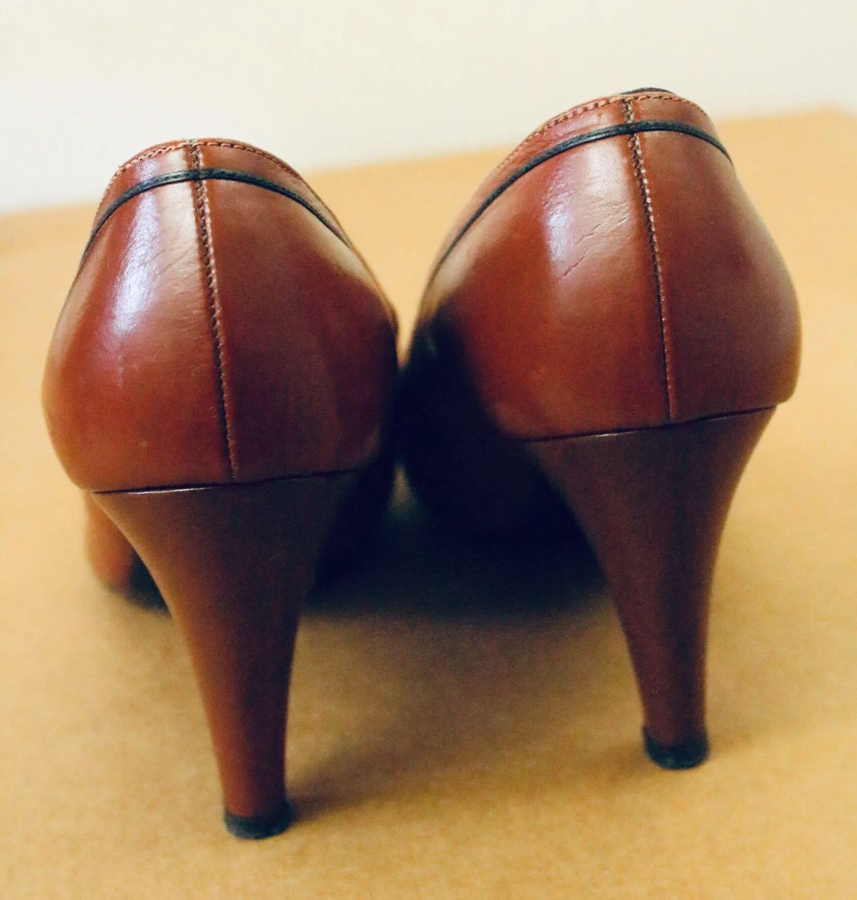 Vintage 90s Geppetto Cognac Brown Heels Black Western Detail Size 7 - Image 3