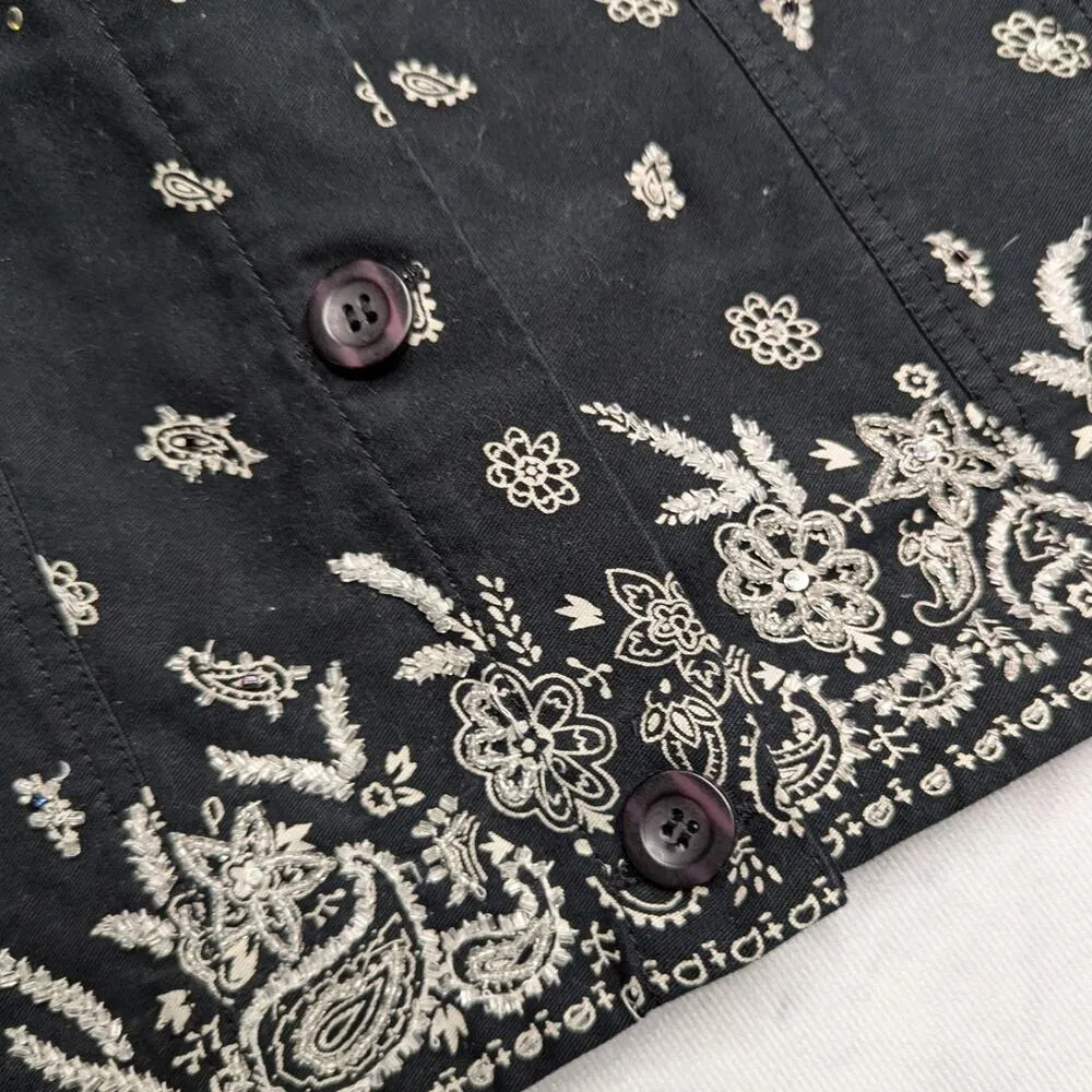 Vtg Y2K Quacker Factory Black Paisley Bandanna Print Embellished Cotton Jacket M - Image 3