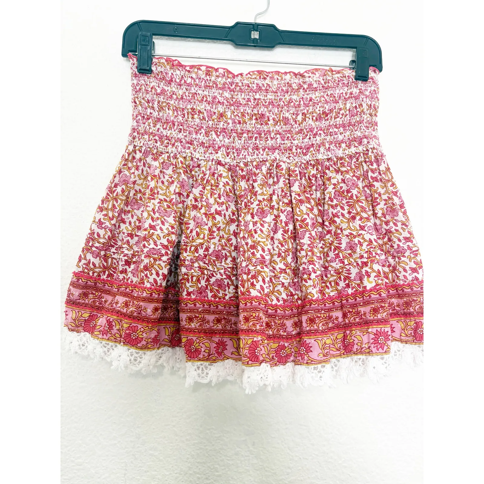 Poupette St Barth Galia Smocked Mini Skirt Size XS Pink Mistral Floral Boho - Image 10