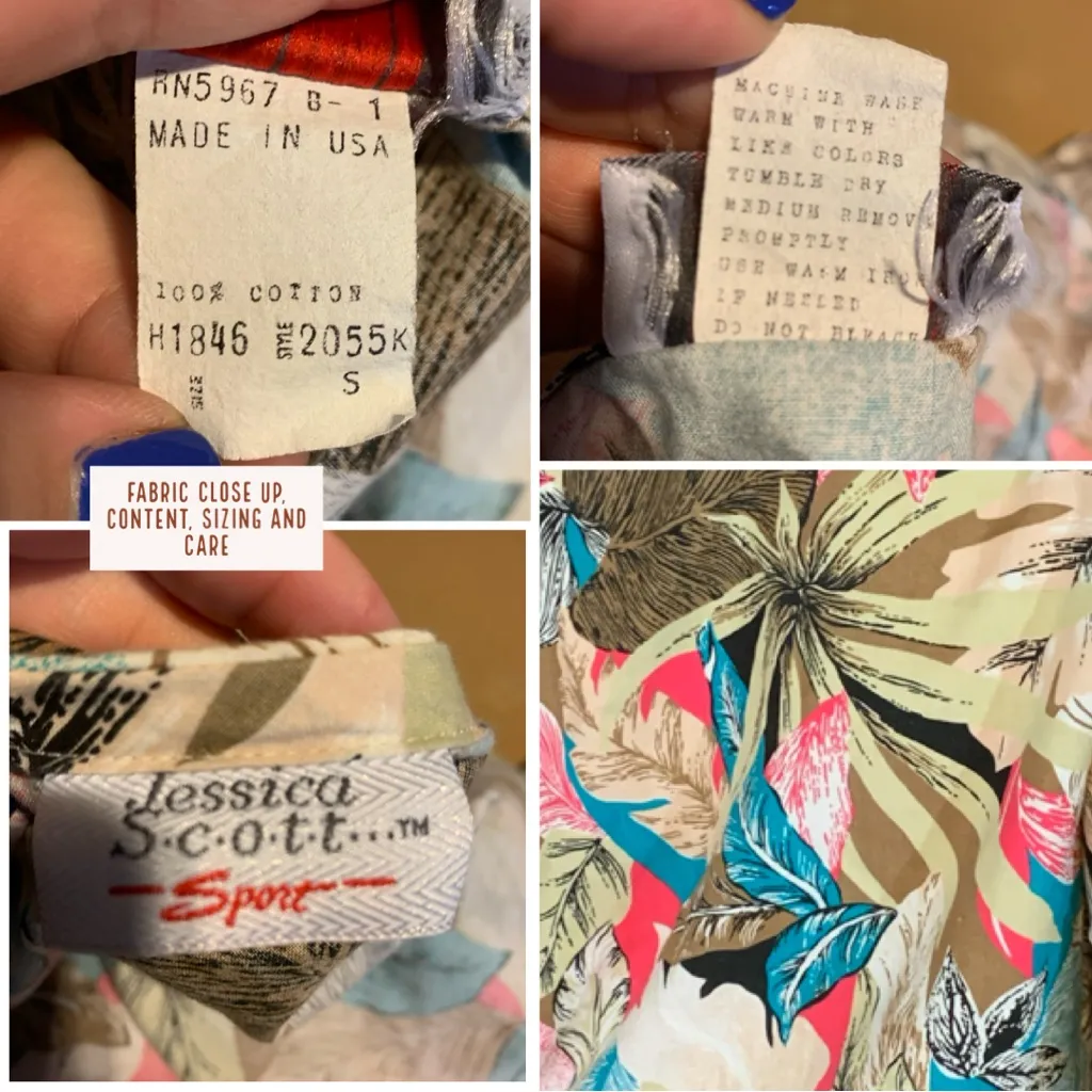 VINTAGE 1980'S JESSICA SCOTT TAUPE, SALMON & TURQUOISE FLORAL PRINT COTTON TOP S Pink - Image 10