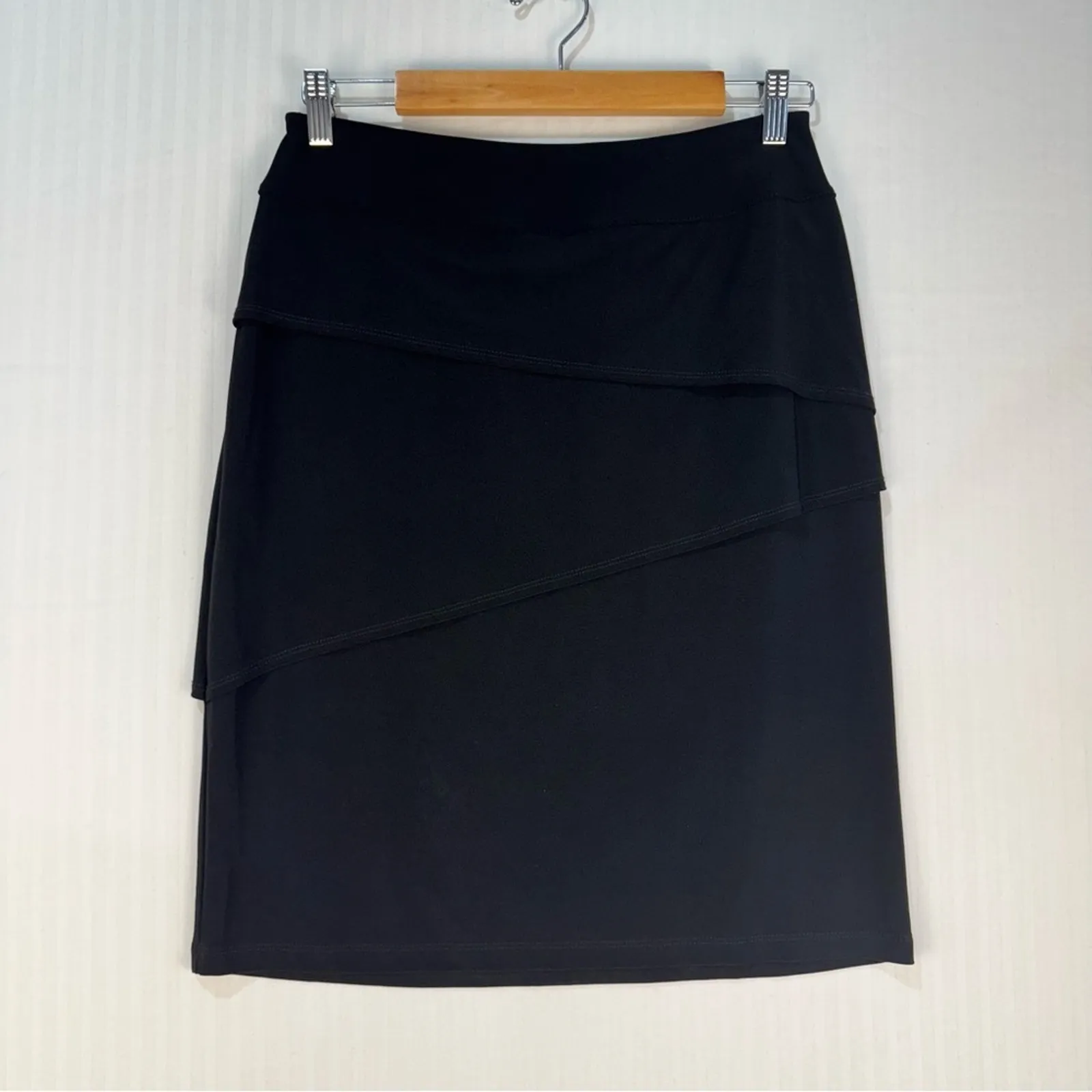 Joseph Ribkoff Asymmetrical Tiered Solid Black Knee Skirt Size 10 Elastic Waist - Image 2