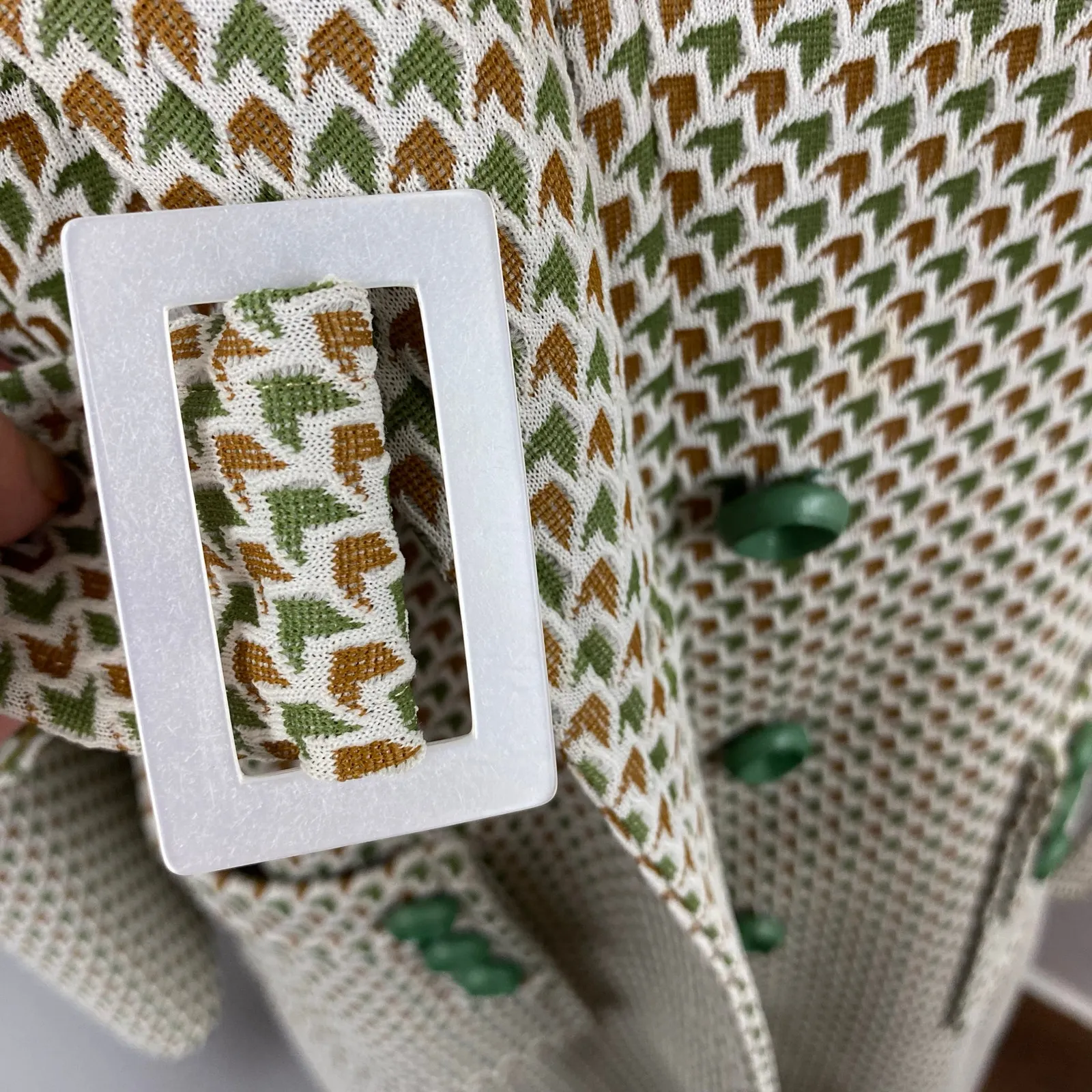 Vintage Lan Siang 70s Geometric Button Front Long Blazer Pea Coat MCM Medium Green - Image 5