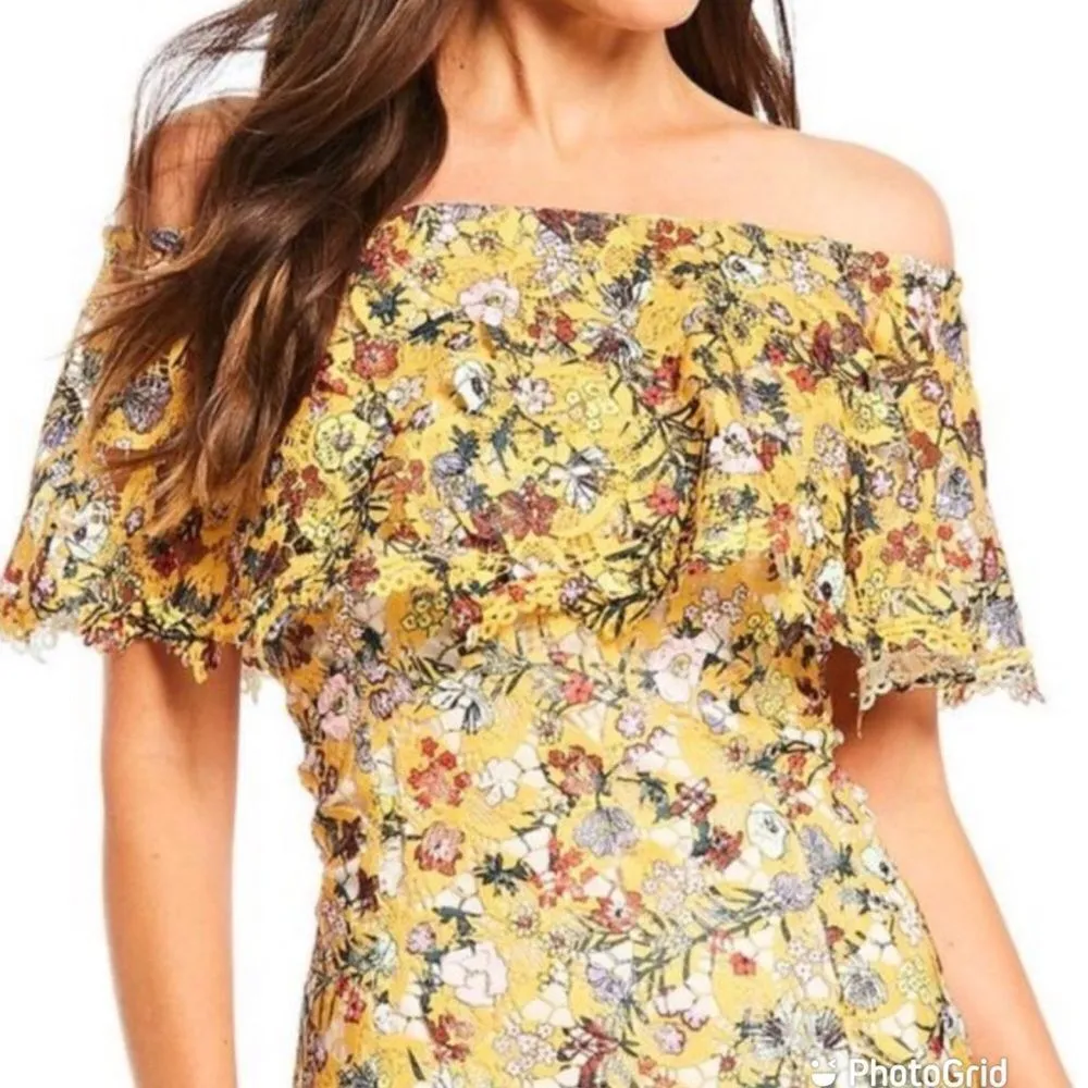 ALEX MARIE Off The Shoulder Yellow Lace Midi Dress Floral Print‎ Size 6 New - Image 4