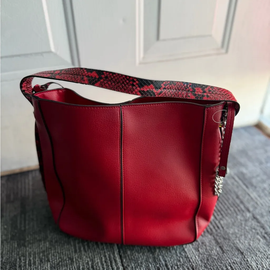 Andrea Red Faux Leather Tote Bag Snake Print Strap & Pouch – NWOT - Image 7
