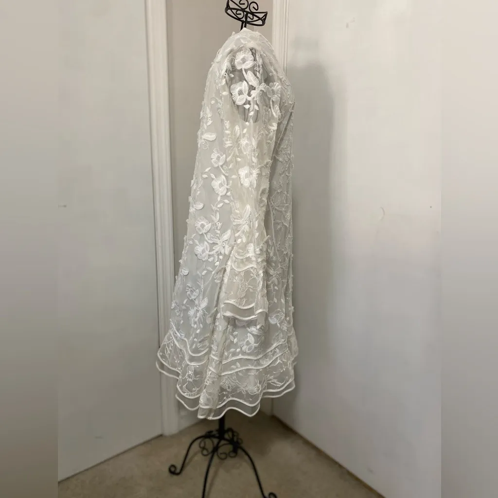 Sachin & Babi Women’s Size 8 White Lace A-Line Dress Long Sleeve Floral Relief - Image 13