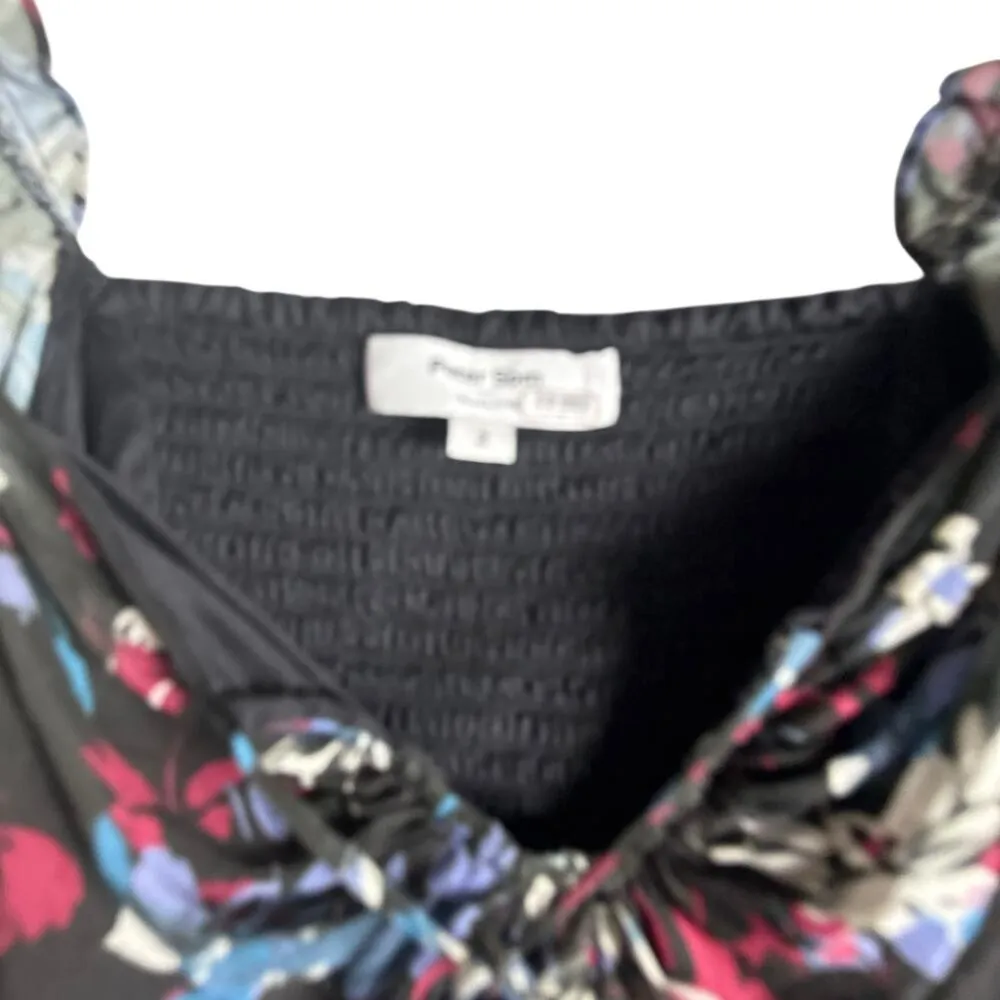 Peter Som Ruched Smocked Tie Sweetheart Long Sleeve Black Floral Peplum Top Sz 2 - Image 7