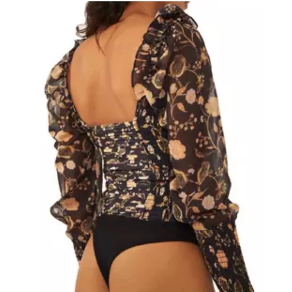 Free People Intinately Brunch Date Floral Long Sleeve Bodysuit Black Combo SZ M - Image 2