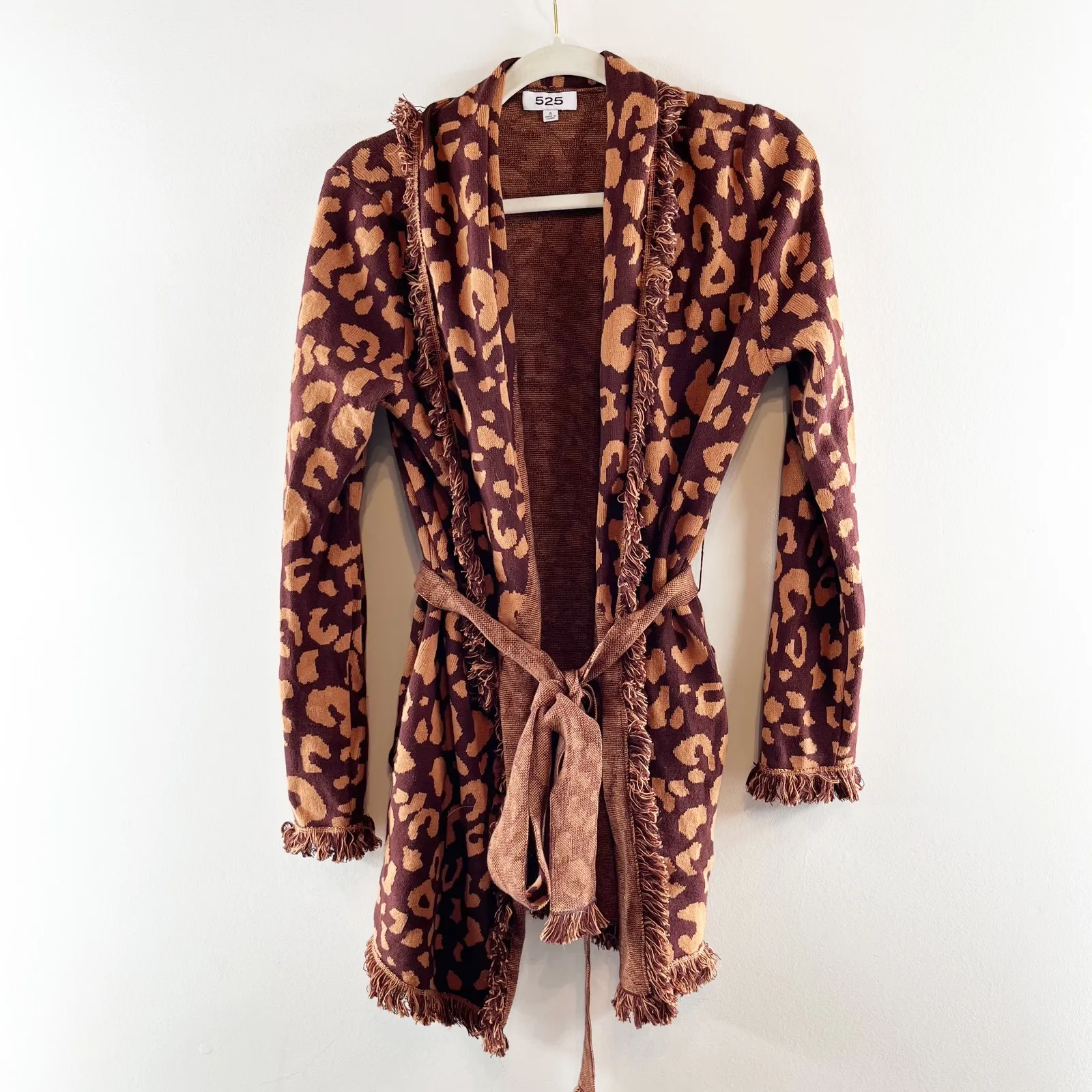 525 Belted Long Sleeve Fringe Trim Cardigan Sweater Leopard Red Brown Small - Image 2