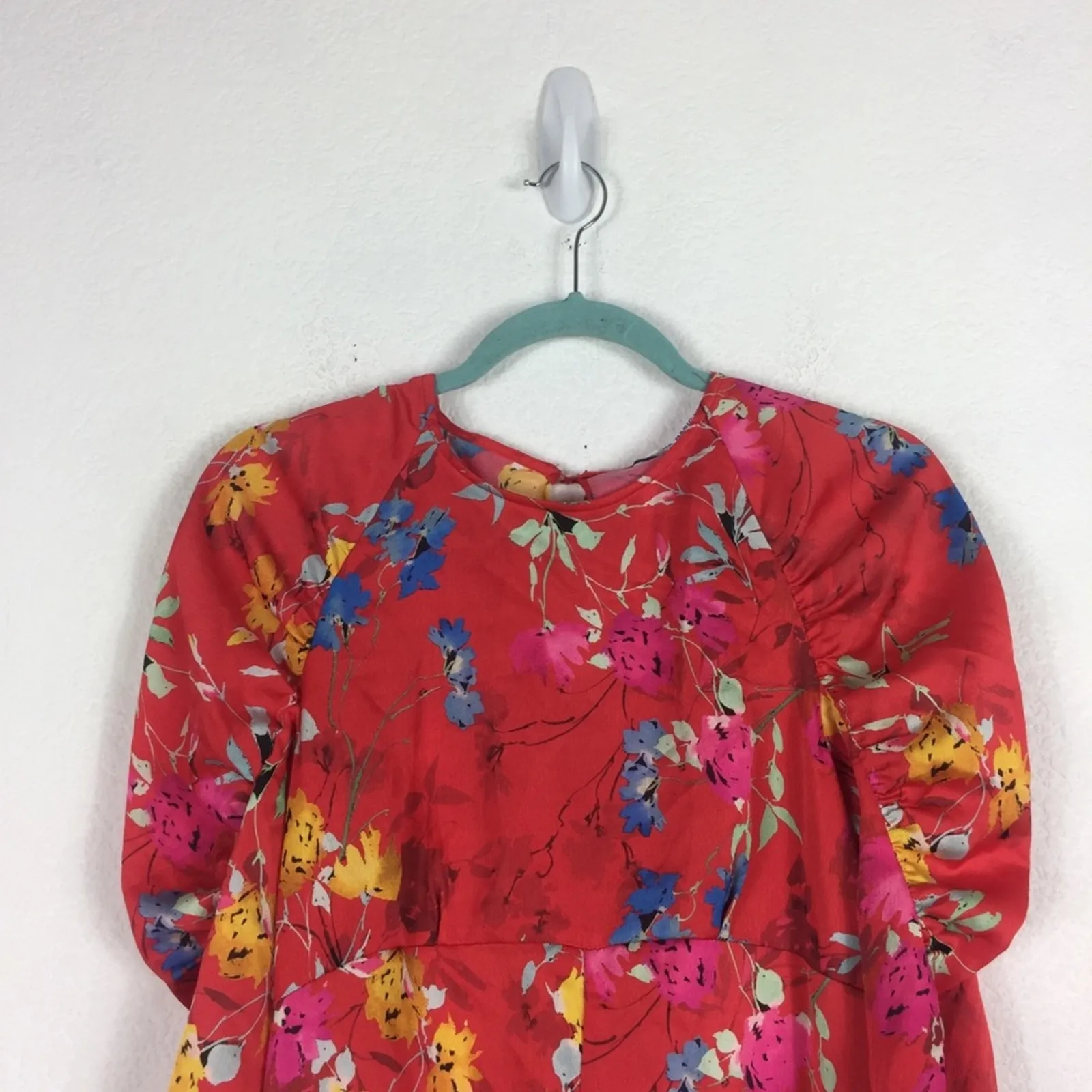 NWT Zara Satin Romper Small Red Japanese Floral Ruffle Puff Sleeve Ruched - Image 4