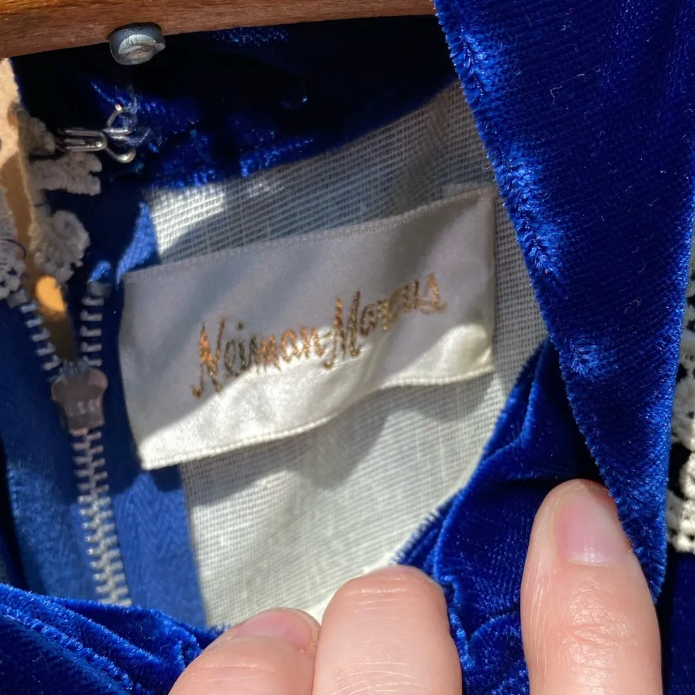 Vintage Blue Velvet  long sleeve Gown with White lace trim - Image 3