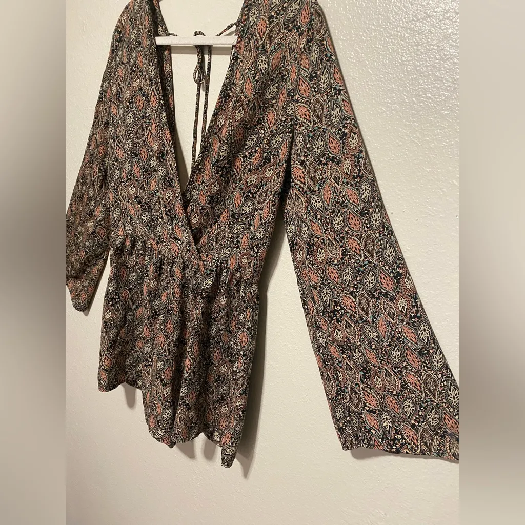 Illa Illa Boho Paisley Long Sleeve Romper | Deep V Open Back | Size L - Image 5