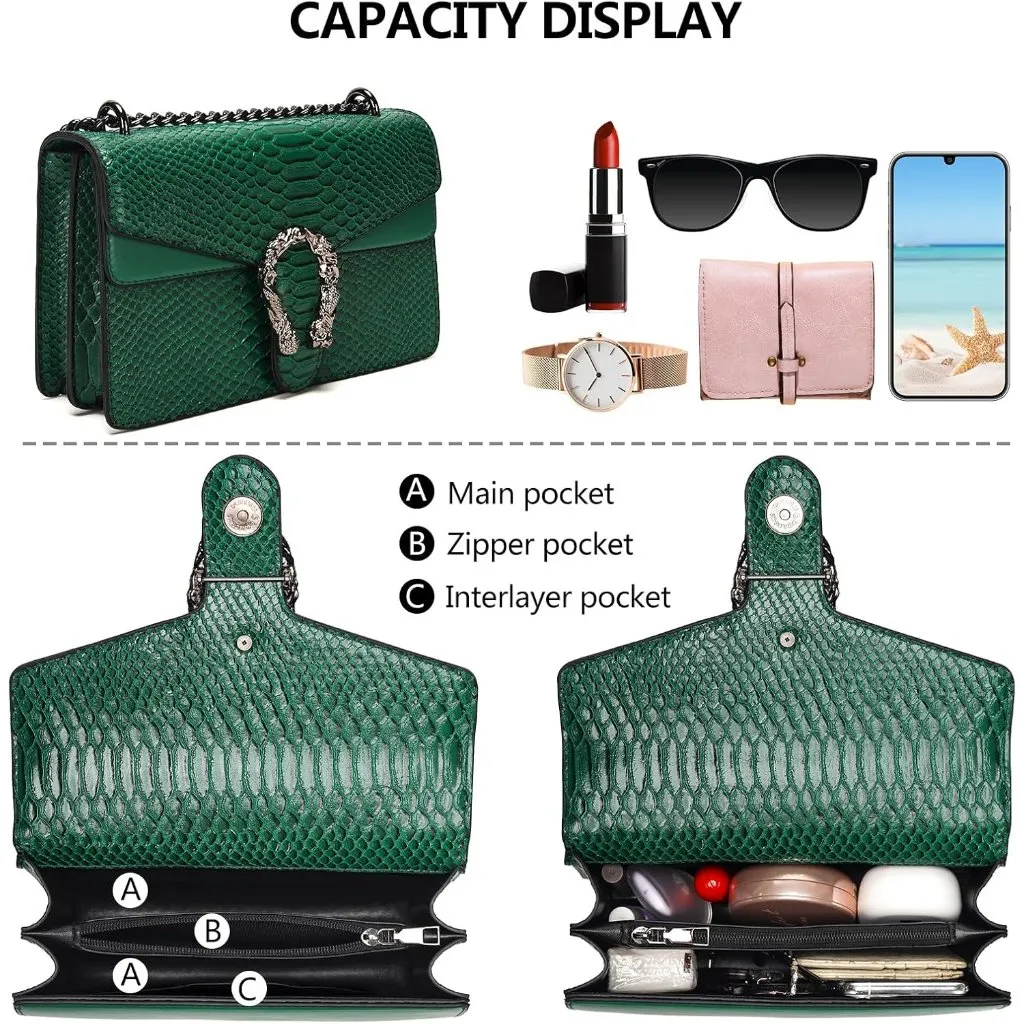 ⚡ Women's Leather Vintage Snake Print Crossbody Green Square Satchel Handbag - Image 7