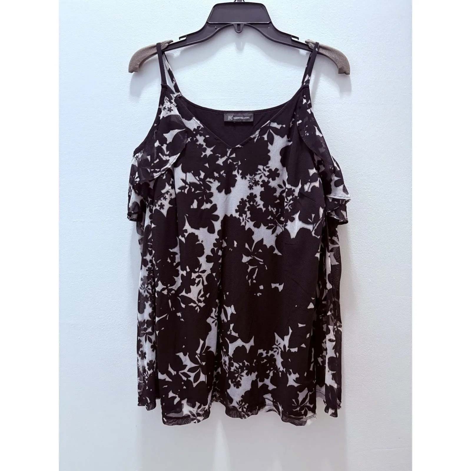 INC Floral Top Womens XL Black Sheer Cold Shoulder Ruffle Whimsigoth Lined - Image 16
