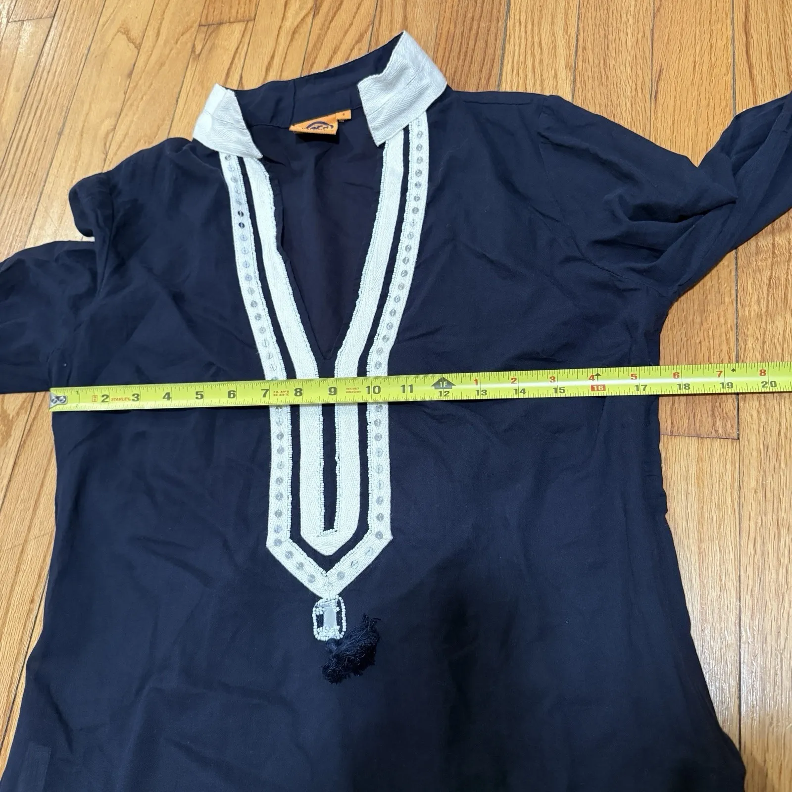 Tory Burch Navy Blue‎ Cotton Tunic Beaded Sequin Trim Size 8 - Image 8