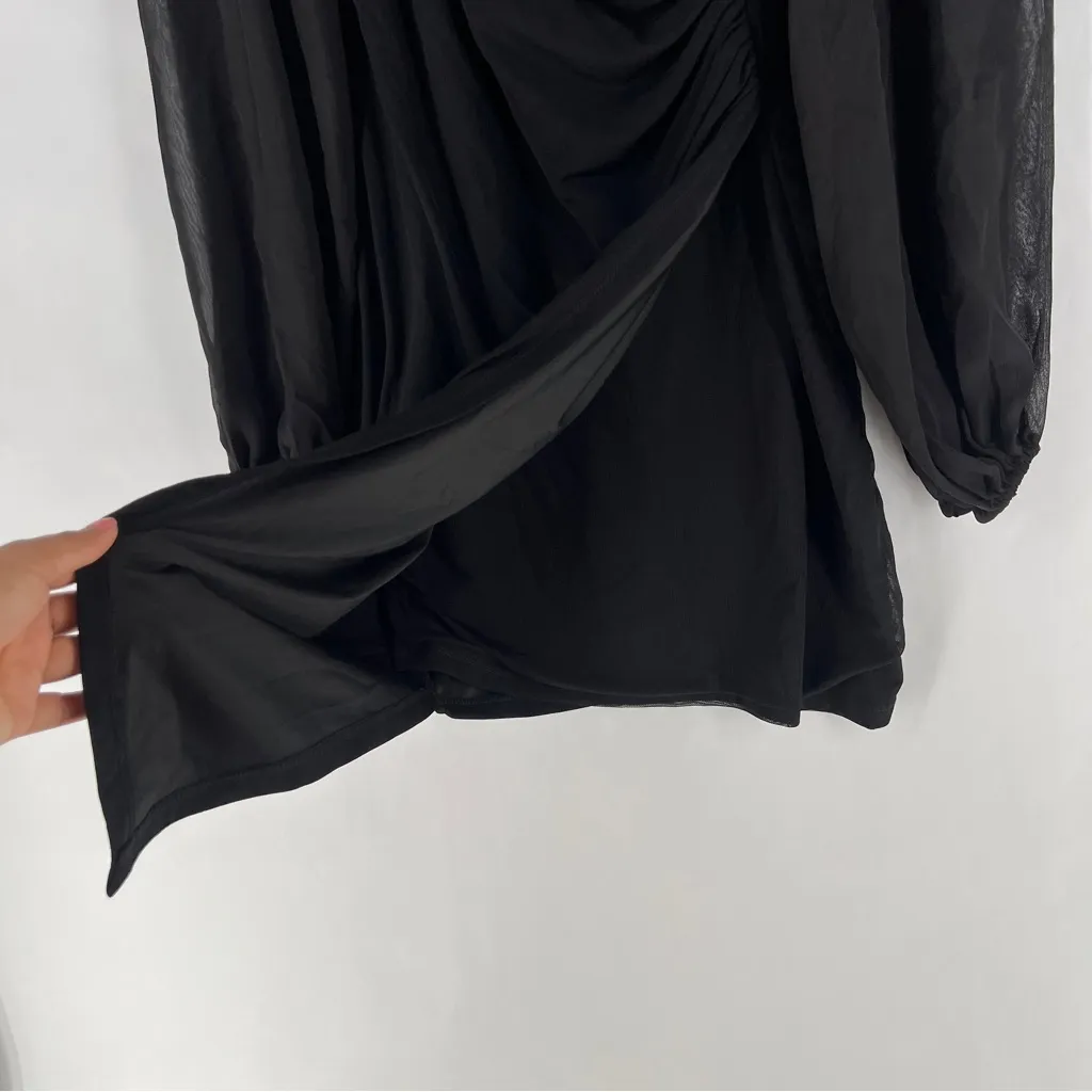 Rumor Womens‎ Size M Black Mesh Sheer Balloon Long Sleeve Faux Wrap Mini Dress Size M - Image 7