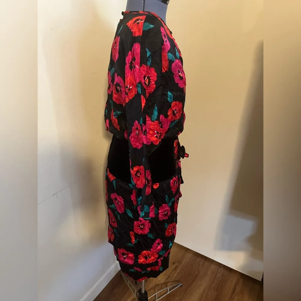 VTG A.J. BARI SILK Black Floral Puffy Sleeve Party Prom Formal Dress sz 12 80s Red - Image 3