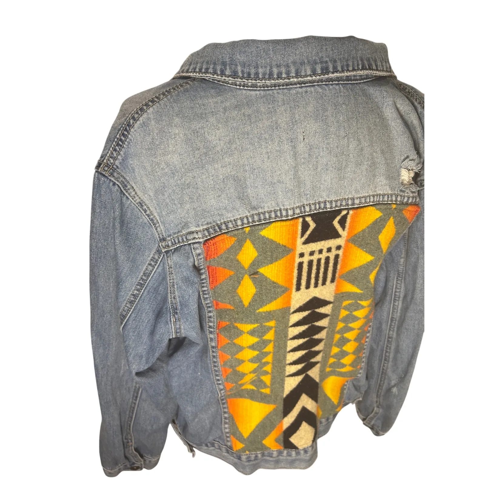 Denim Jacket Aztec Blanket Back Distressed‎ Jean Coat Western Style Blue Size M - Image 3