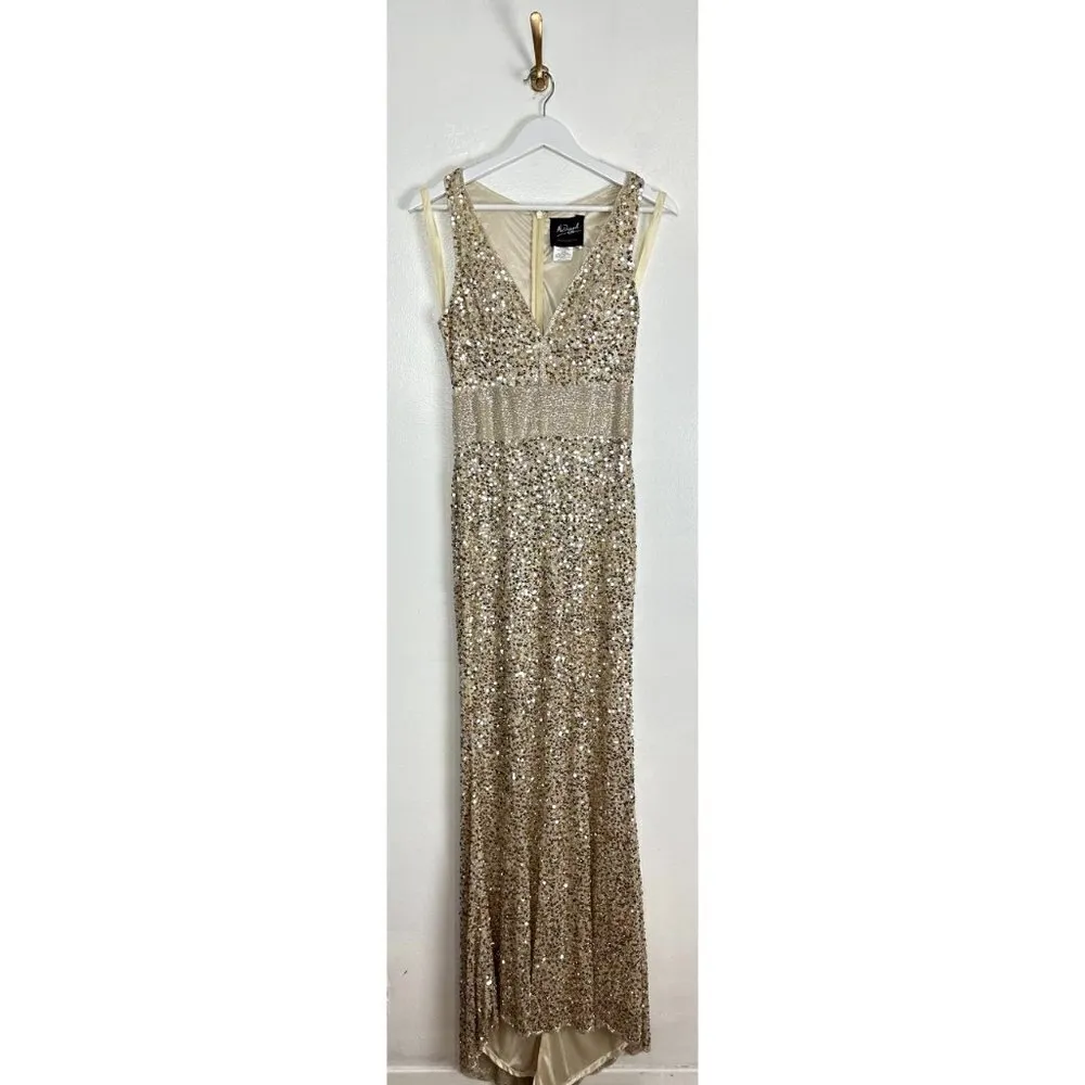 MAC DUGGAL Sequined Sleeveless V Neck Column Gown in Nude Gold Size US 2 - Image 5