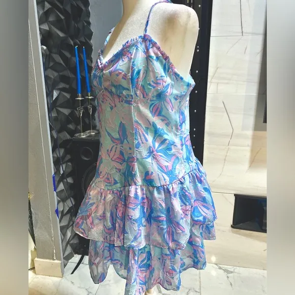 NWT  Women’s Blue Floral Print Sweetheart Neck Mini Dress Size:Lrg - Image 2