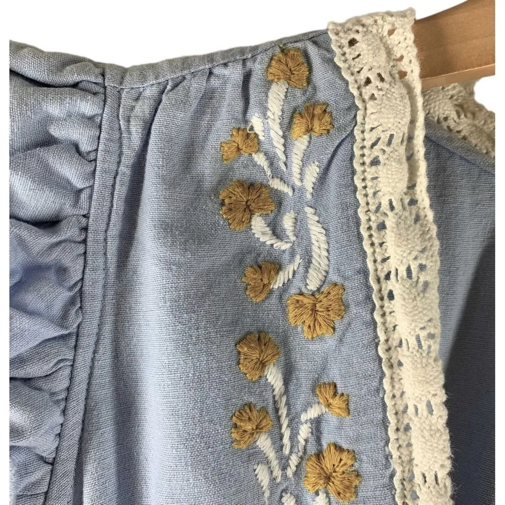 Saylor YUMI Blue Ruffle Sleeve Embroidered Linen Maxi Dress Size XL - Image 8