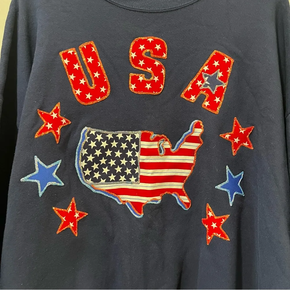Vintage USA Navy Blue sweatshirt Size 3 XL Puff Paint 4th Of July Stars Map - Image 3