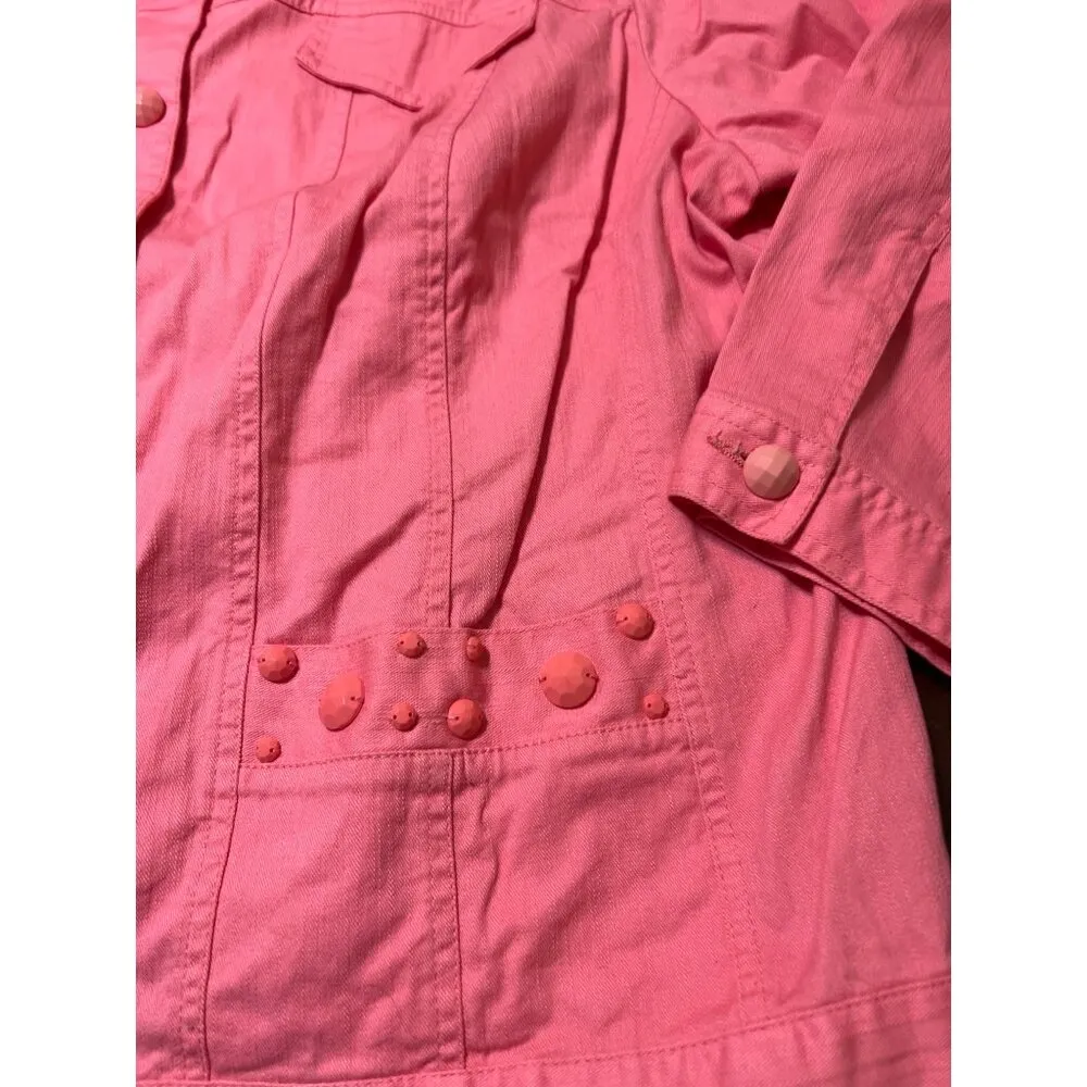 Ruby Rd. Pink Salmon Studded Denim Jacket Embellishments 3/4 Sleeves Sz 18W NWOT - Image 3