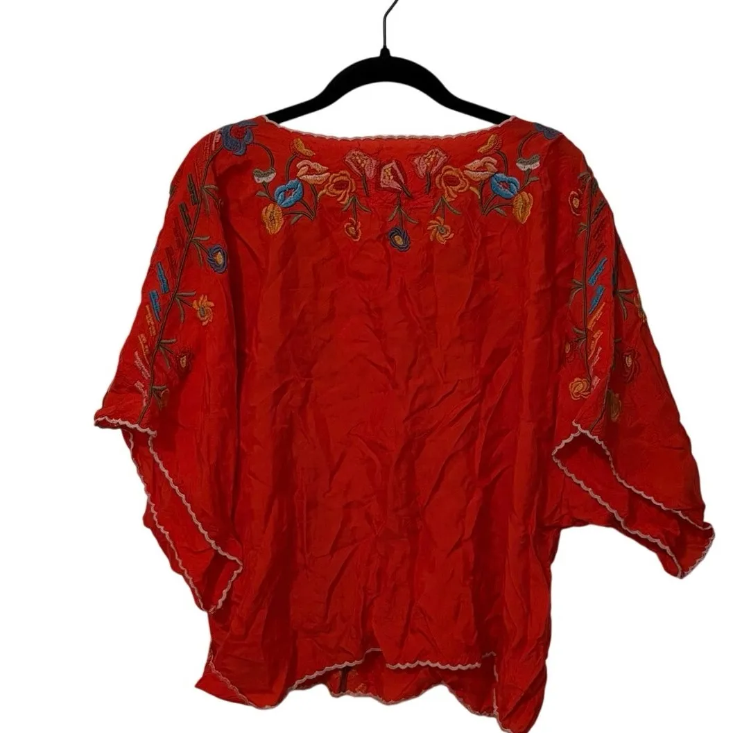 Johnny Was Biya Red Floral Embroidered Lombriga Cupra Blouse Top Size Medium - Image 5