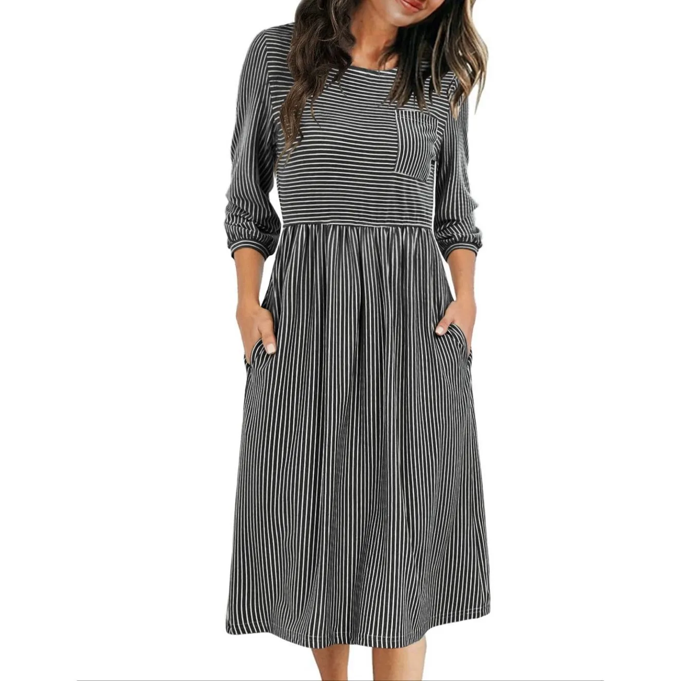 MEROKEETY 3/4 Sleeve Striped TShirt  Dress With Pockets Large Black White NEW - Image 3