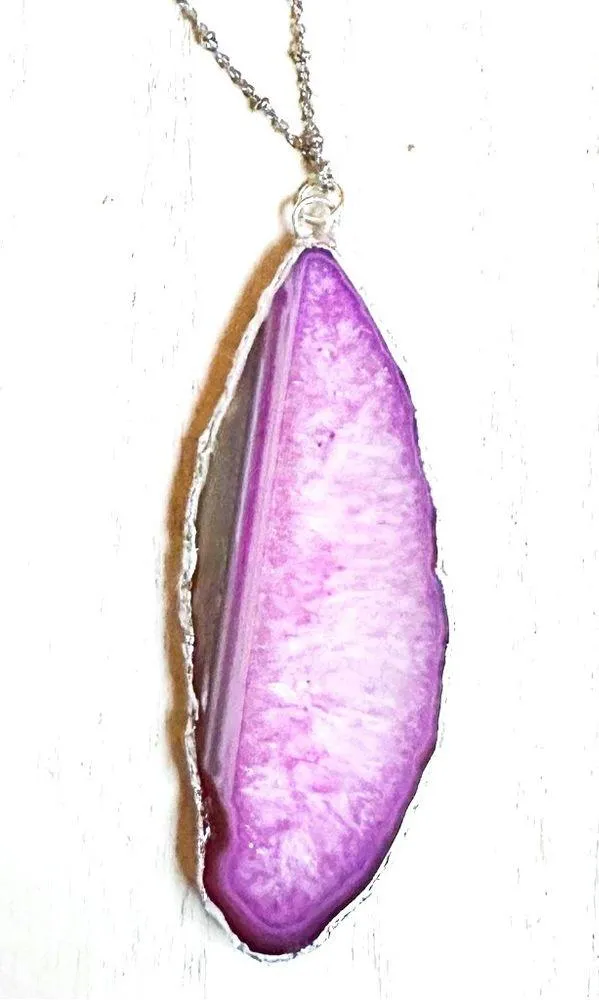 Necklace Pink Agate Geode Slice Silver Leaf Pendant Jewelry - Image 2