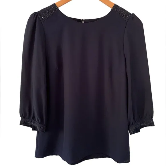 H&M Navy Blue Long-Sleeved Blouse with Bead Embellishments on Shoulders, Size M - Image 2