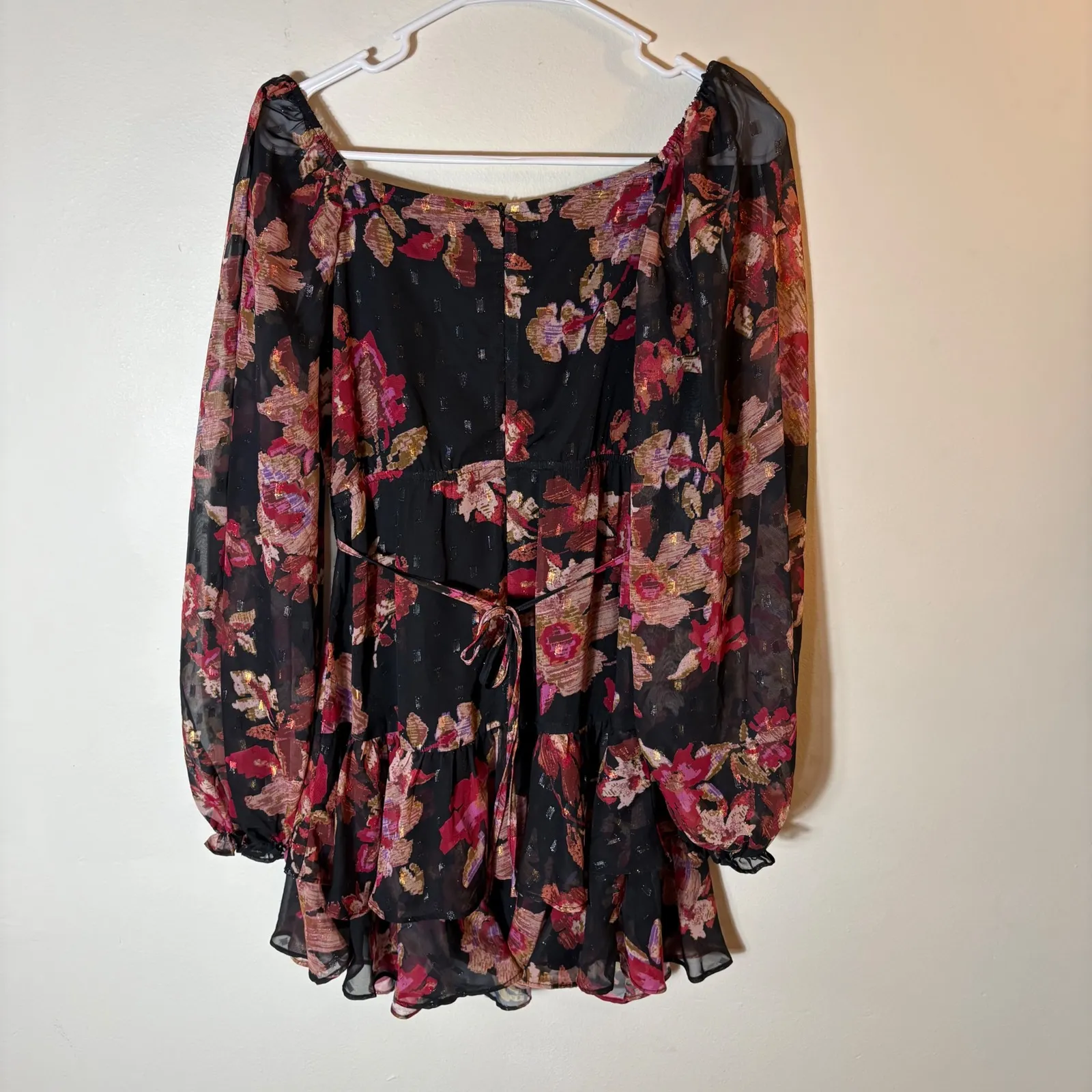 Lulus Dramatically Dreamy Black Floral Chiffon Tiered Lurex Mini‎ Dress Medium - Image 7