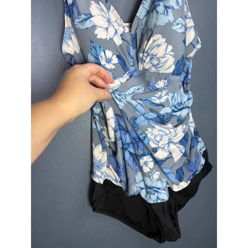 Paradise Bay Swimsuit Women's Size 16 One Piece Stomach Rouching Slimming Hawaii Blue - Image 3