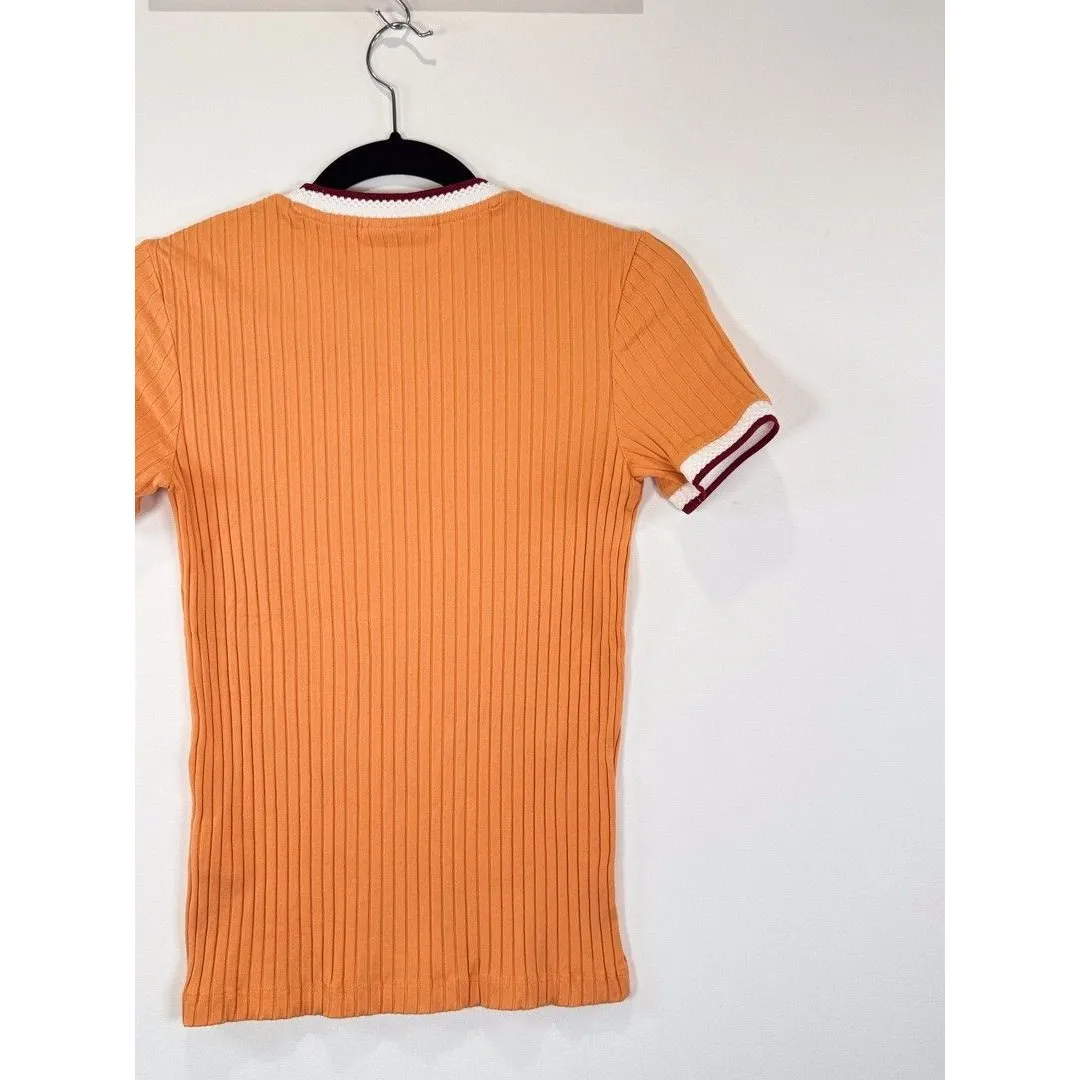 Lacoste Womens Shirt Orange Crew Neck Fantasy Knit Ribbed Slim Fit 34 US Small - Image 8