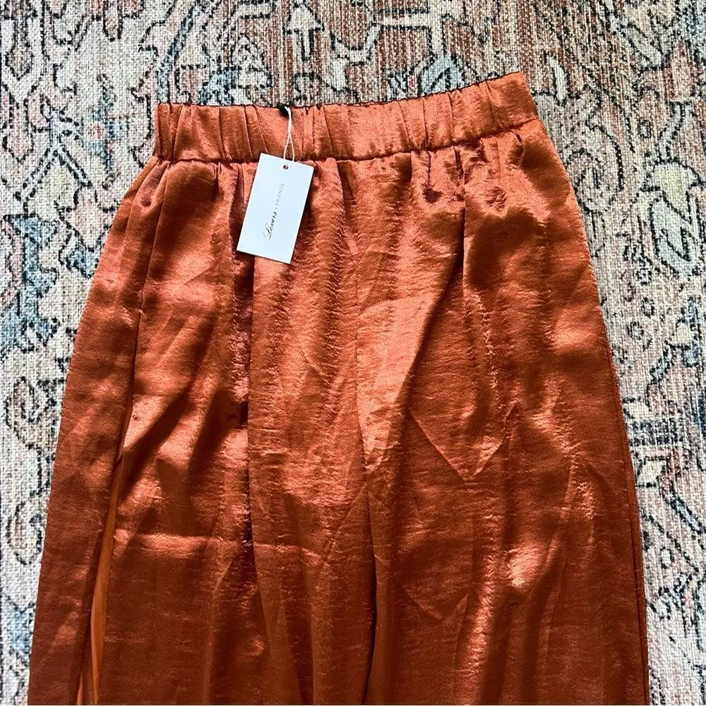 Lovers & Friends Tristan Jogger Satin Side Slit Pants Rust Terracotta Brown NWT - Image 6