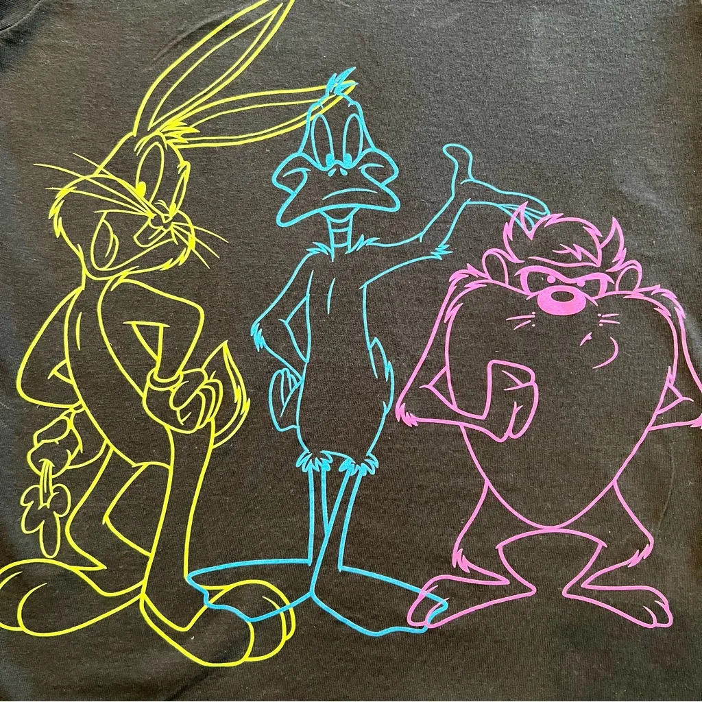Looney Tunes men’s size small black cotton t shirt bugs daffy taz neon graphic - Image 2