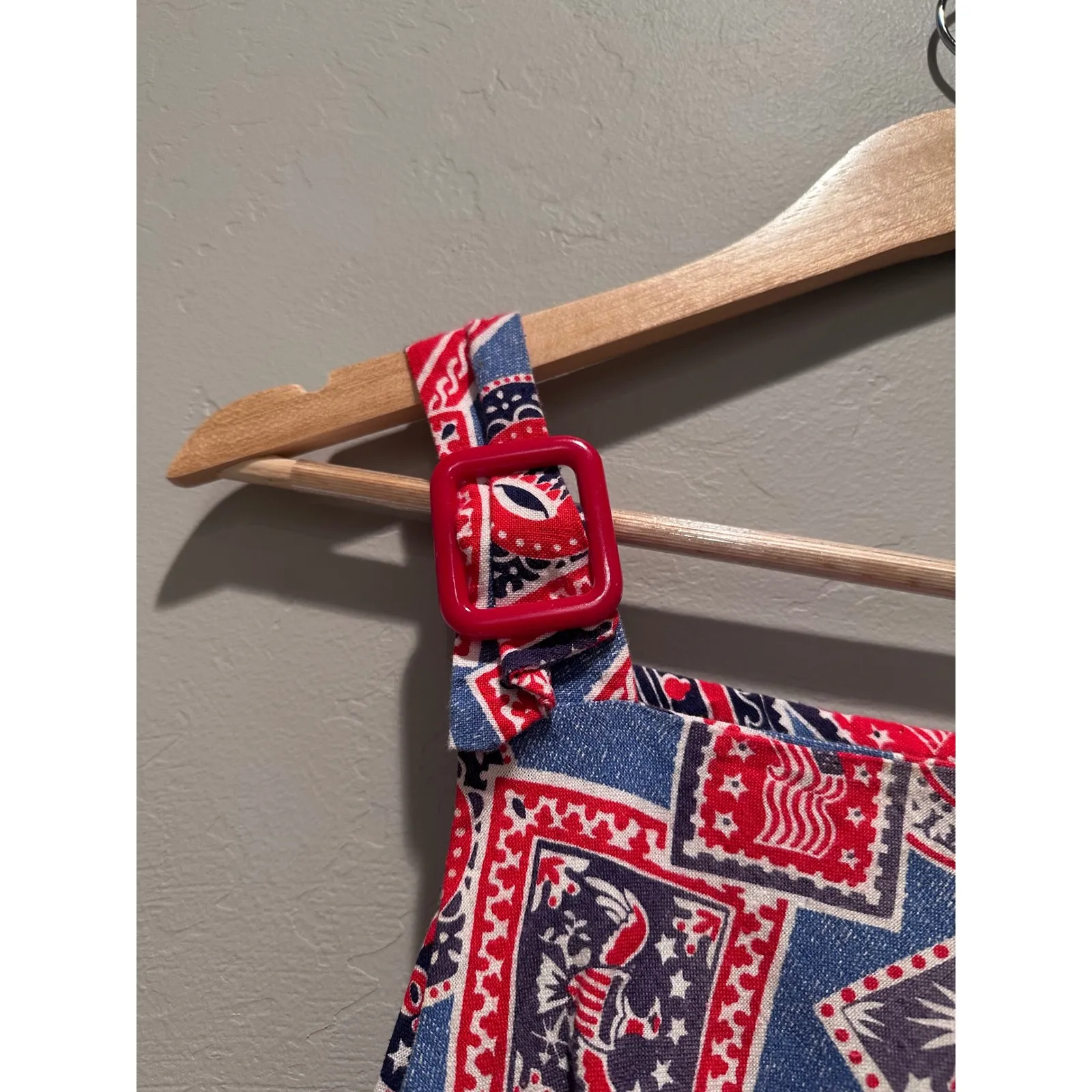 Vintage Red Blue Patriotic USA Mini Overall Dress Size Medium - Image 5