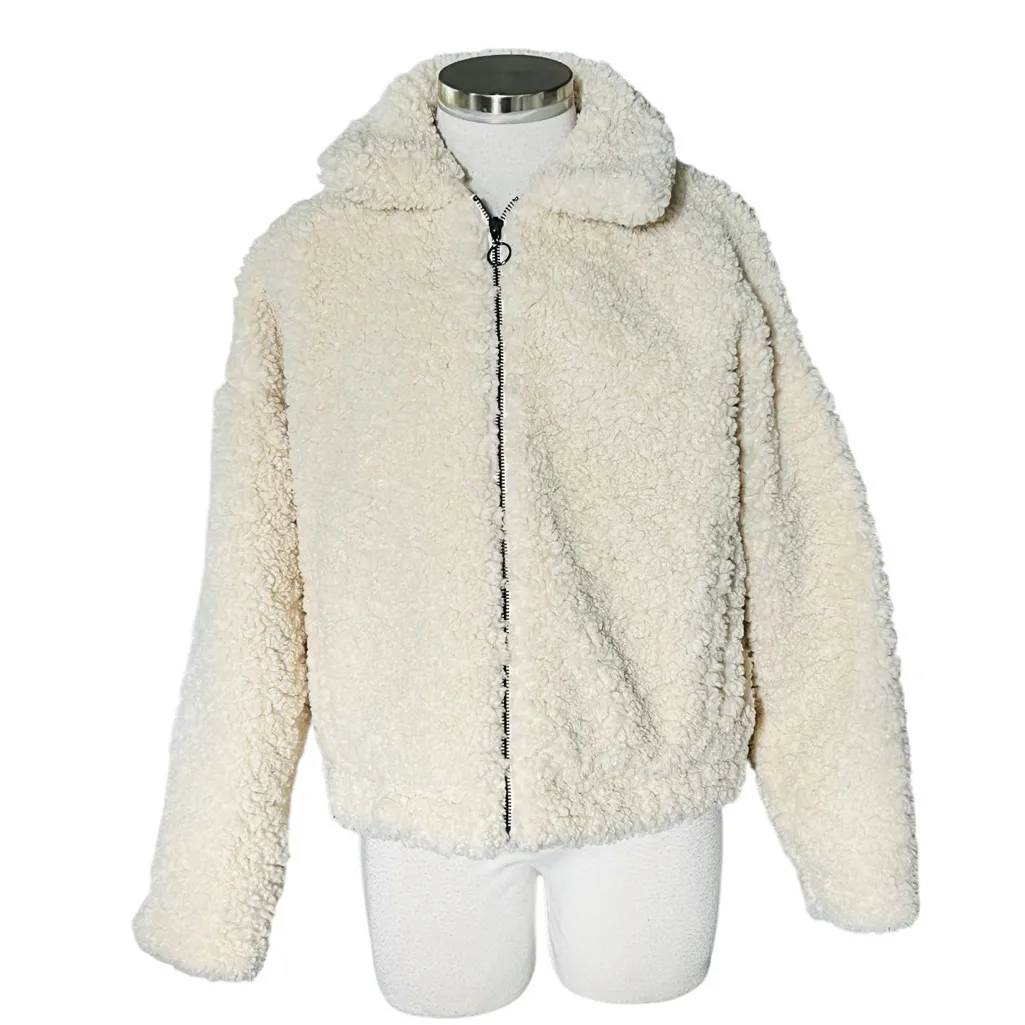 Zara Fleece Sherpa Teddy Bomber Zip Up Jacket Size Small - Image 2