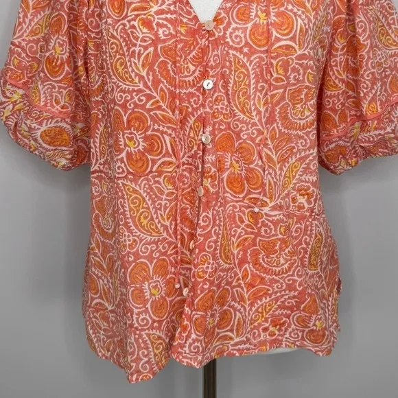 Cleobella Floral Boho Blouse Medium Pink Orange Puff Sleeve Button Front Top - Image 3