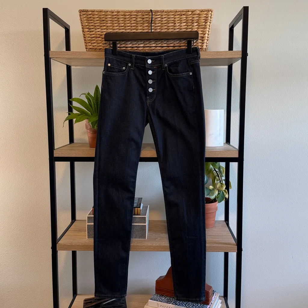 All Saints Button Mast Fit Dark Wash Mid-Rise Skinny Jeans, 28 - Image 4